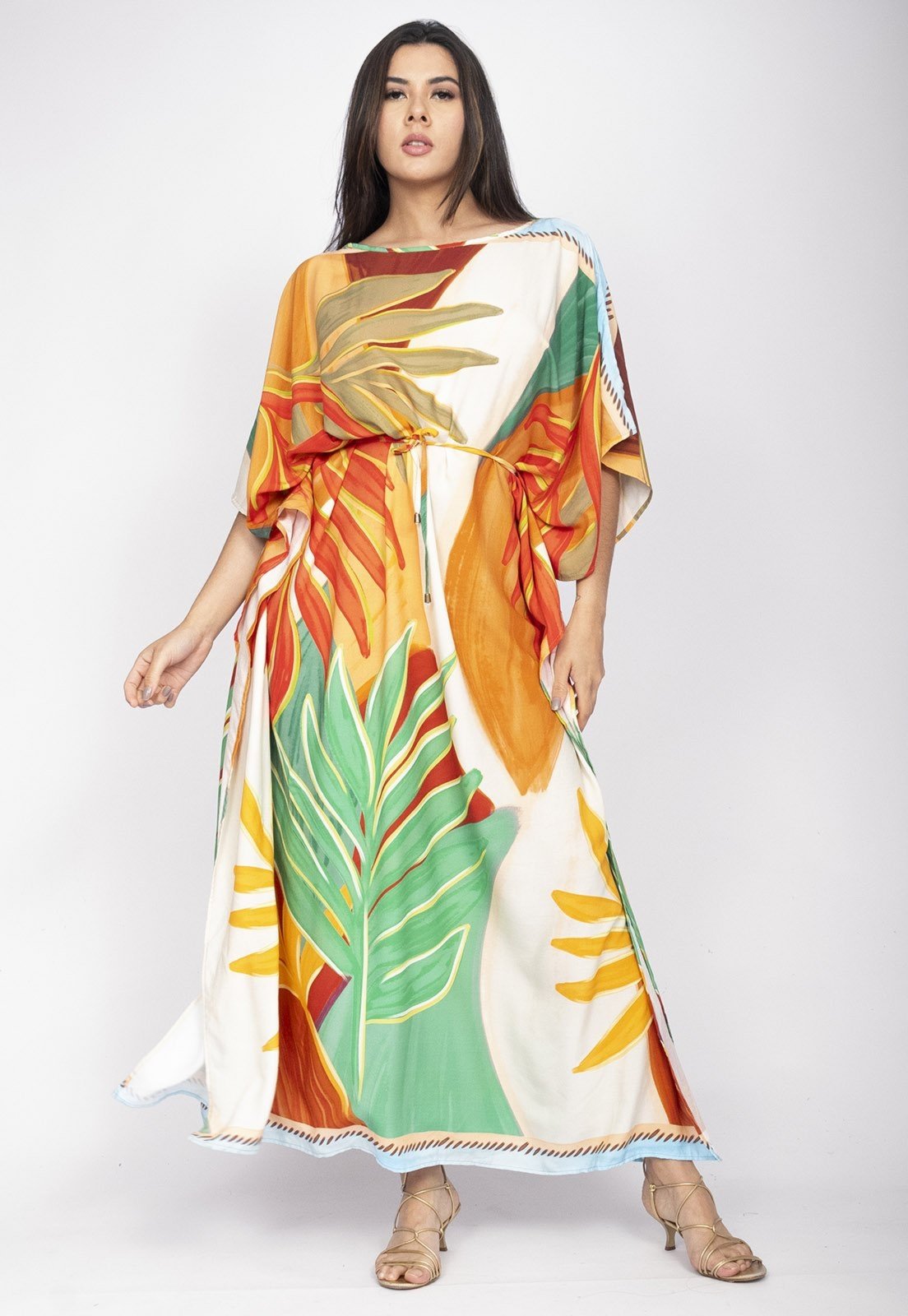 Vista 2 Vestido Amazonia Vital Kaftan Viscose Longo Estampa Jardim do Sol Amazonia Vital amarelo/branco/estampado