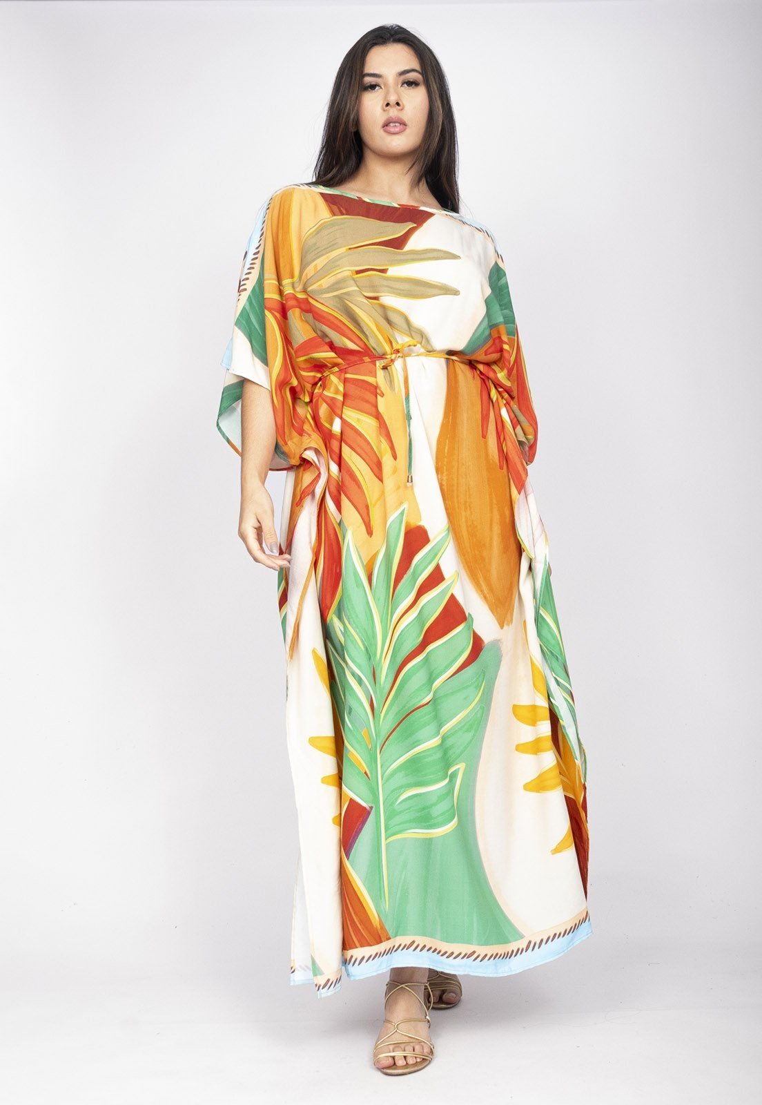 Vista 3 Vestido Amazonia Vital Kaftan Viscose Longo Estampa Jardim do Sol Amazonia Vital amarelo/branco/estampado
