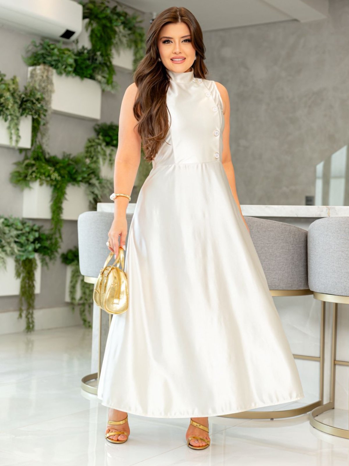 Vestido de Festa Elegante sem Manga em Cetim com Brilho Moda Evangélica Branco