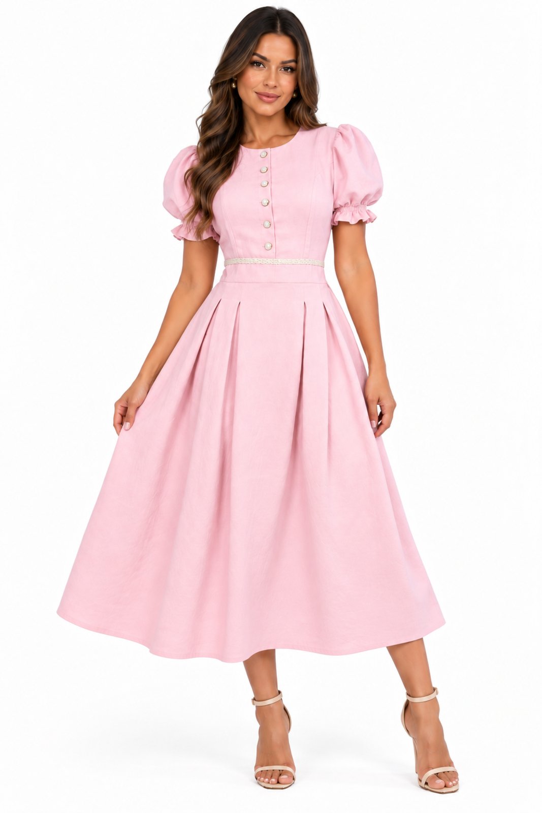 Vestido Midi D Bell Outlet Fashion Botões e Manga Bufante Rosa