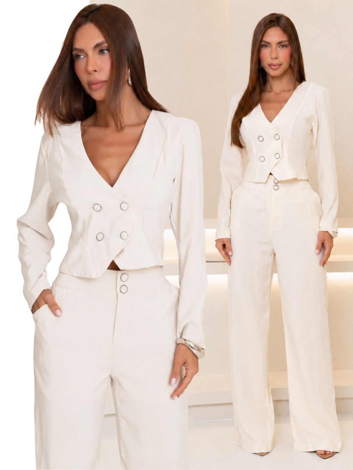 Conjunto Feminino Alfaiataria Divina Gata Colete Blusa e Calça - Branco