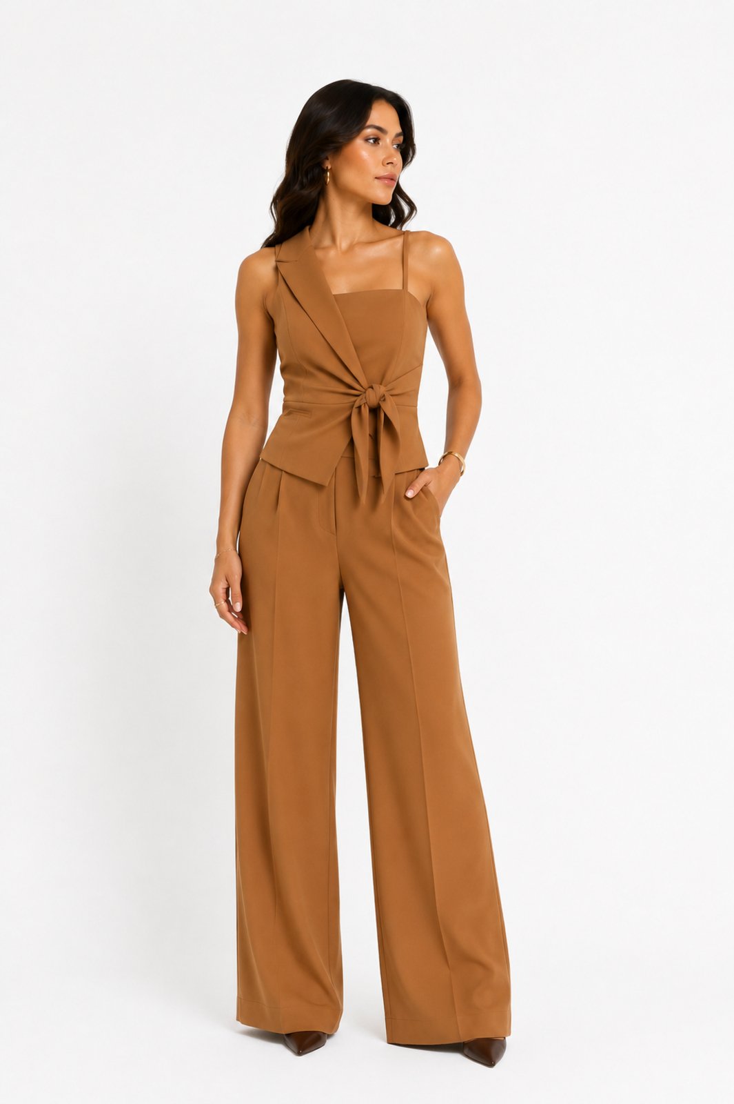 Conjunto D Bell Outlet Fashion Blusa Amarração Frontal e Calça Pantalona Caramelo