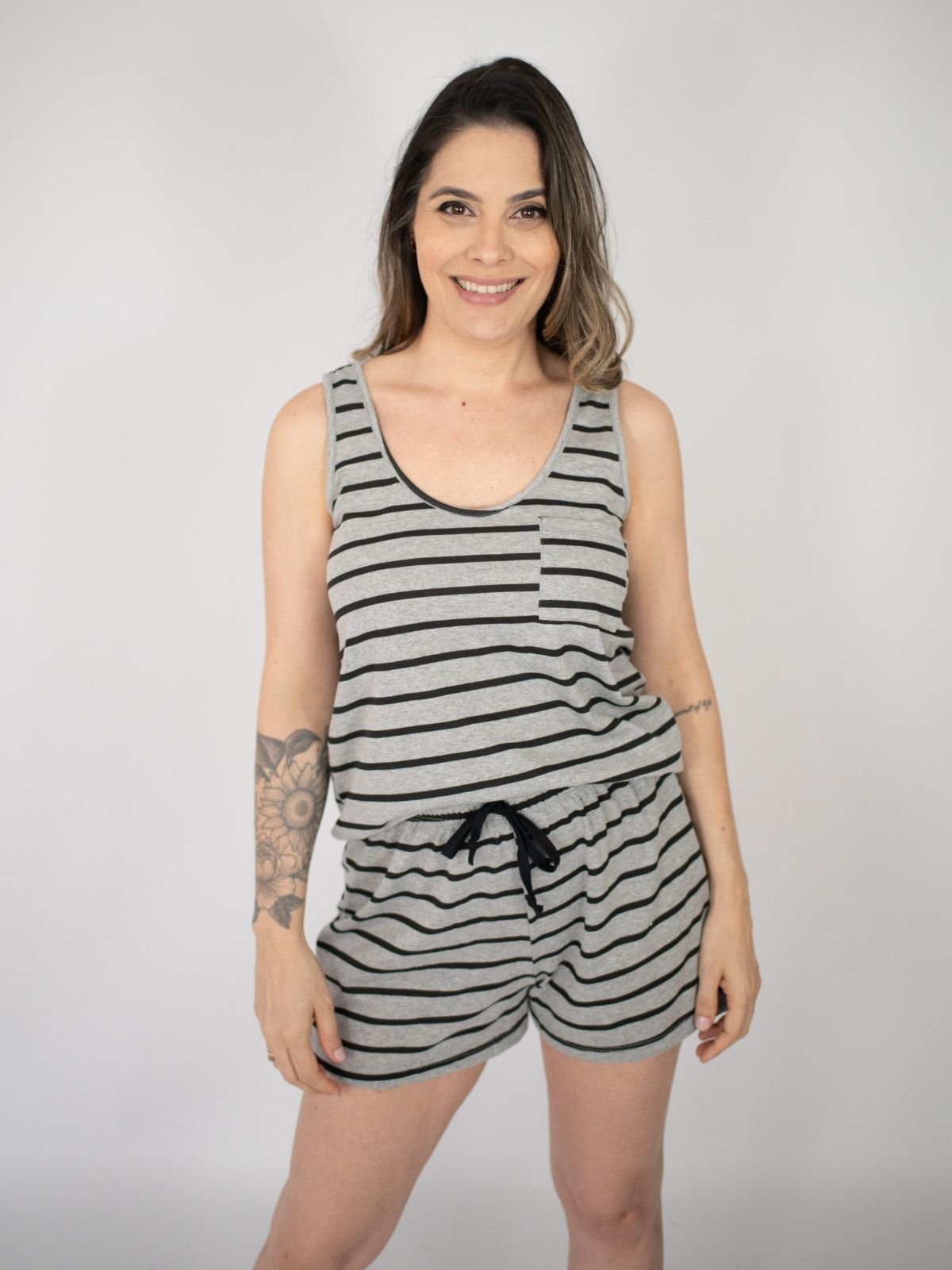 Pijama Feminino Regata Luana Mescla Listrado – Preto