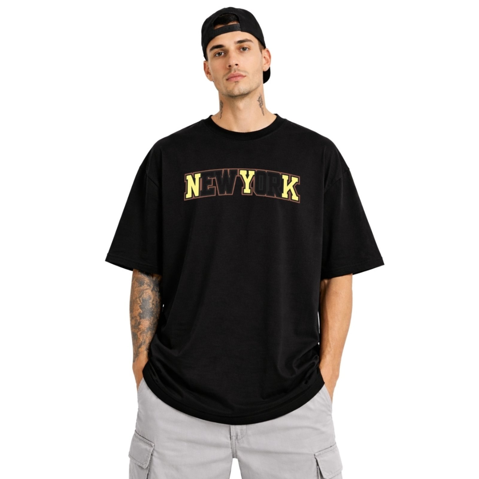 Camiseta Oversized de Algodão Masculina Ideal para Academia e Esportes Gola Redonda Estampada