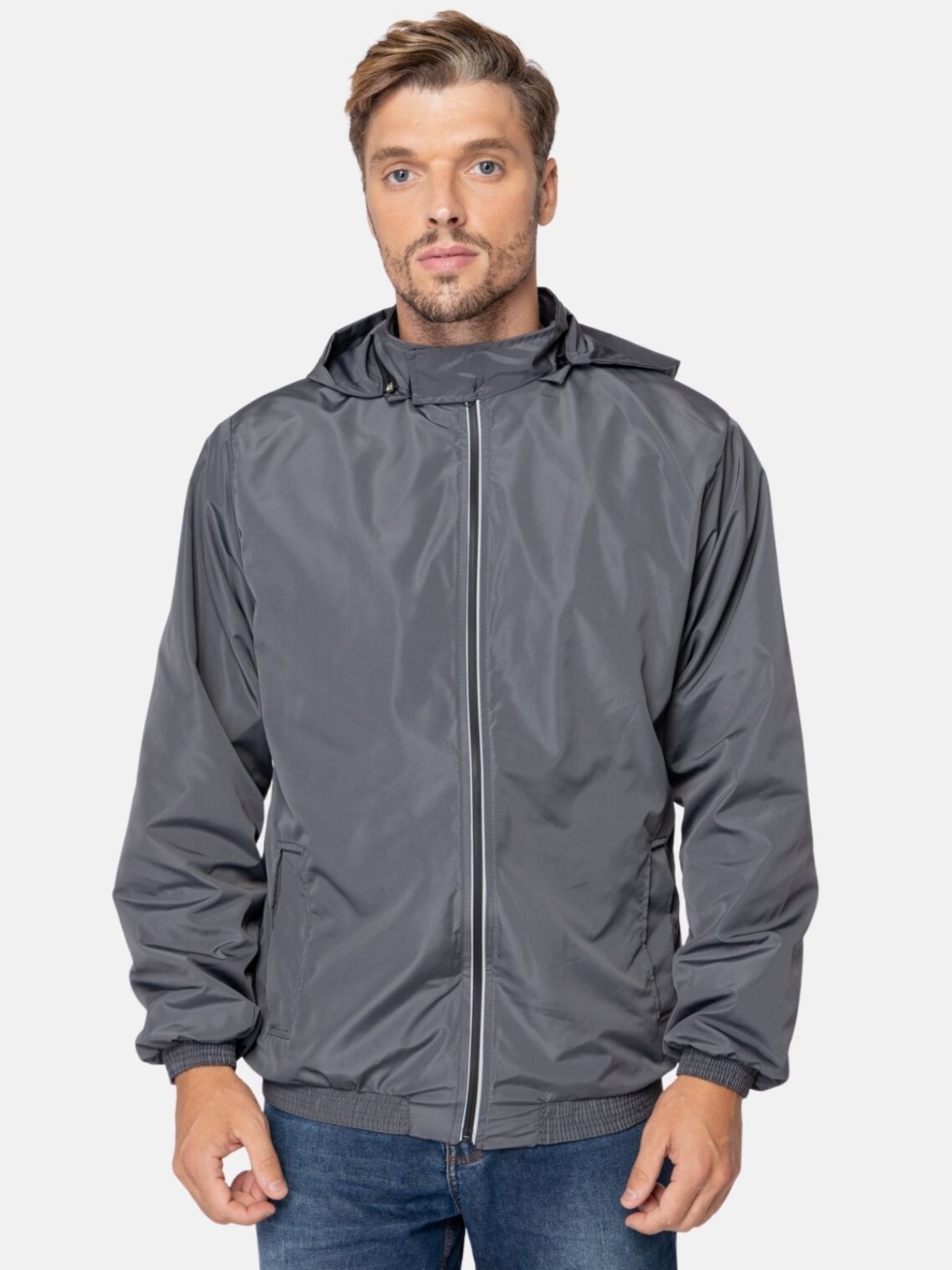 Jaqueta Corta Vento Impermeável com Capuz Masculina Carbella Cinza Fecho Refletivo