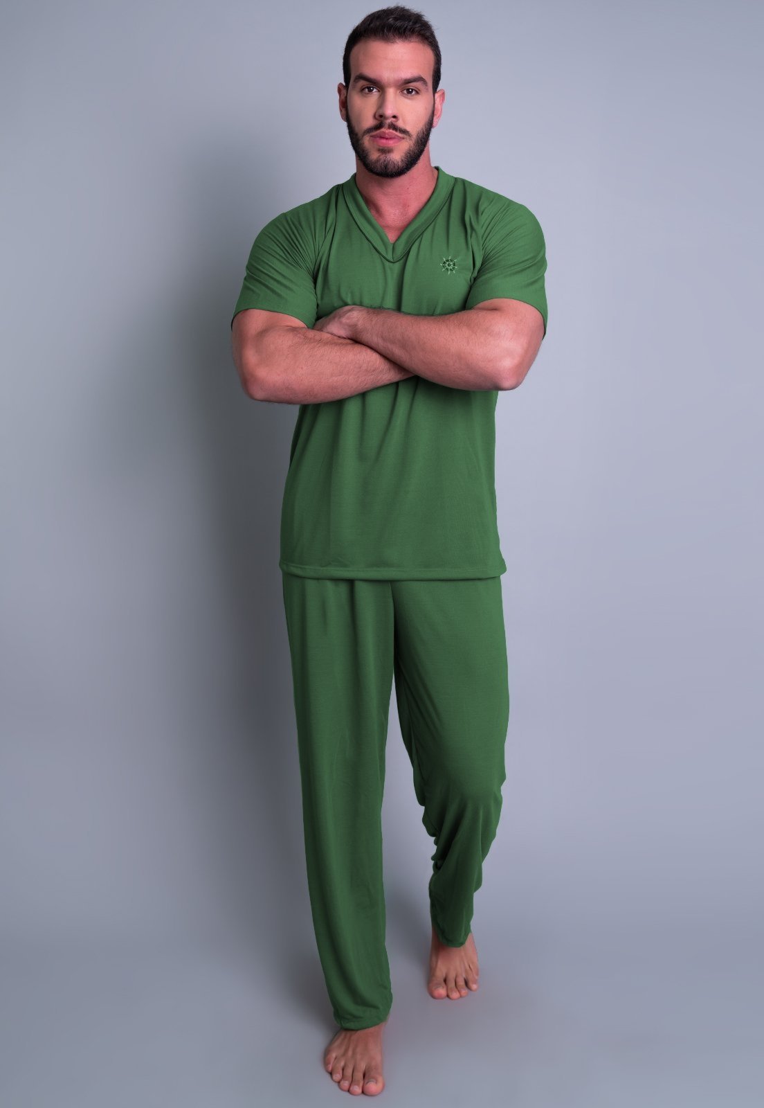 Pijama MVB Modas Longo Adulto Manga Curta E Calça Azul Verde