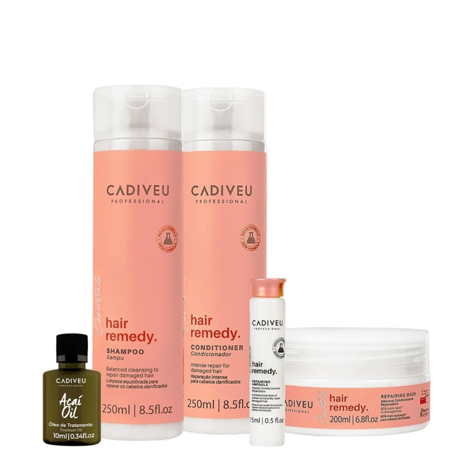 Kit Cadiveu Essentials Hair Remedy Shampoo Condicionador Máscara Ampola e Açaí Oil (5 produtos)