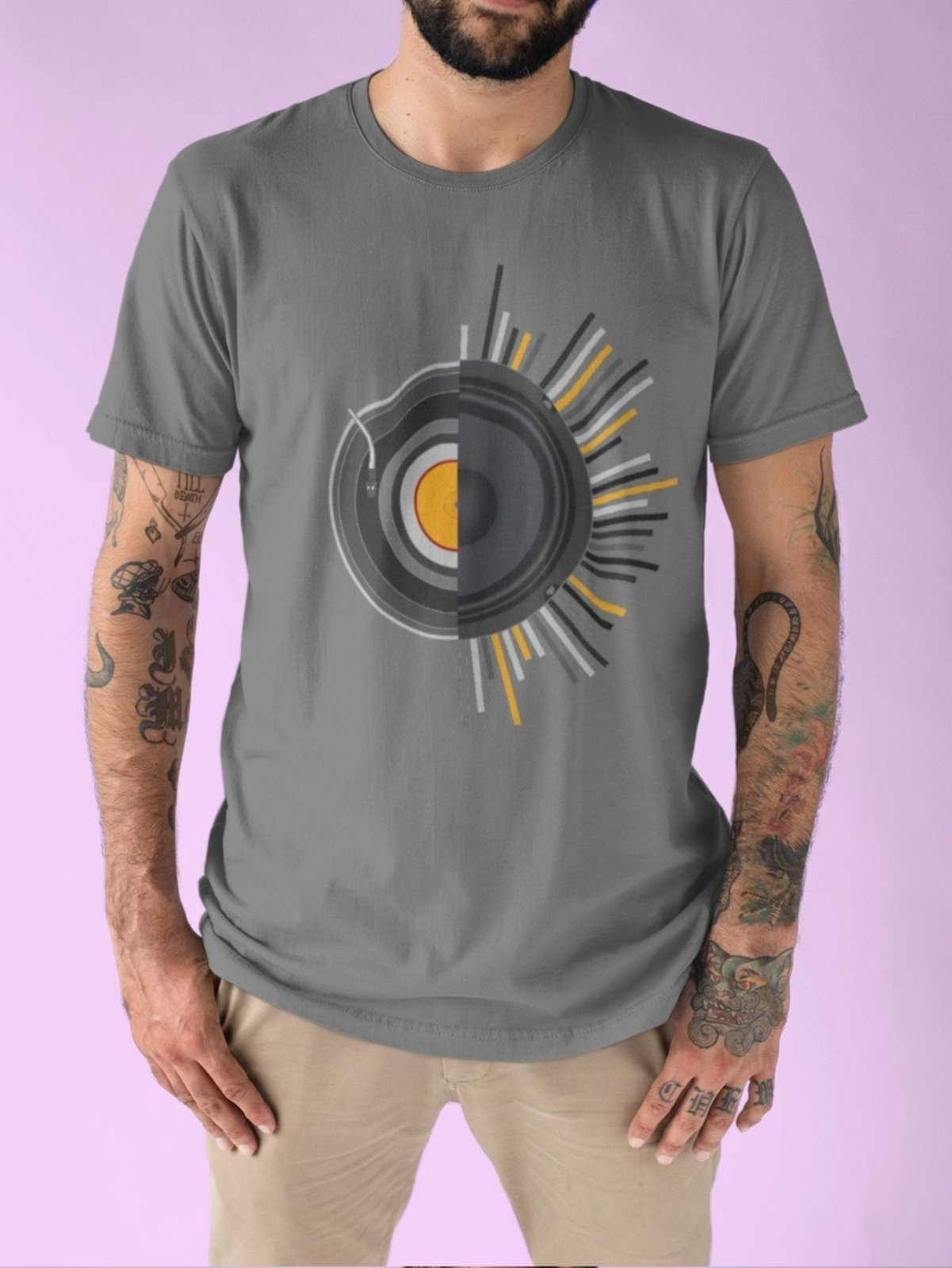 Camiseta Masculina GuGi Vinil Alto Falante Retro Música T-Shirt Chumbo