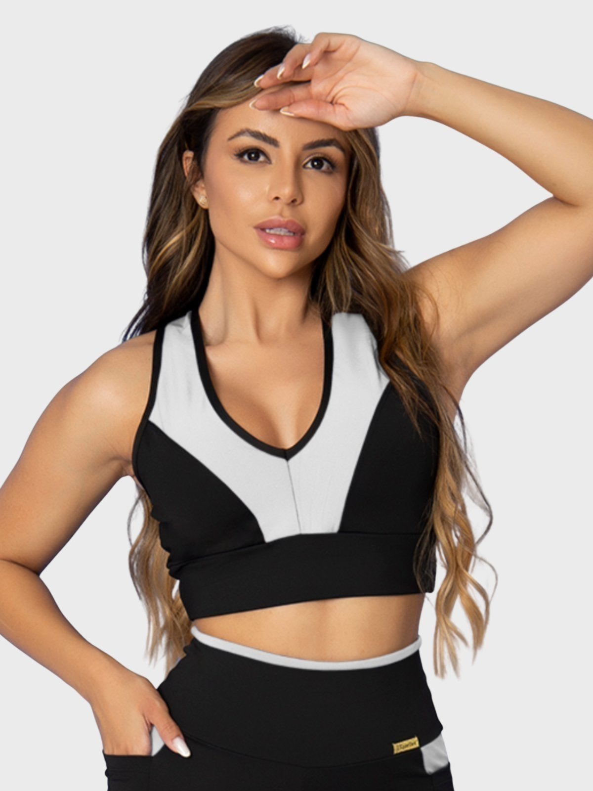 Top Fitness Tarelles Alça Larga Cropped Forrado Preto e Branco