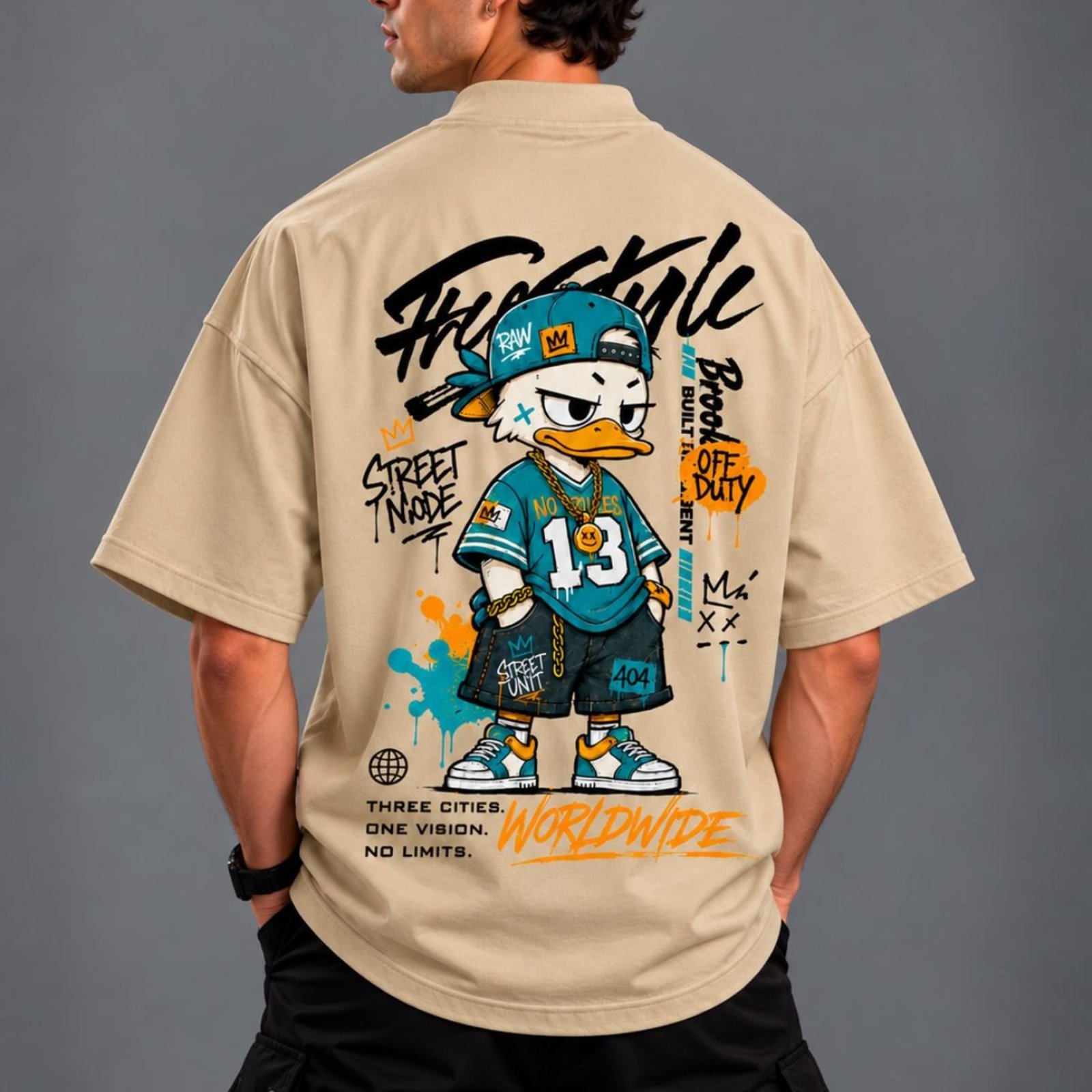 Camiseta Masculina Oversized Pato Cartoon Street 100% Algodão 30.1 Caqui