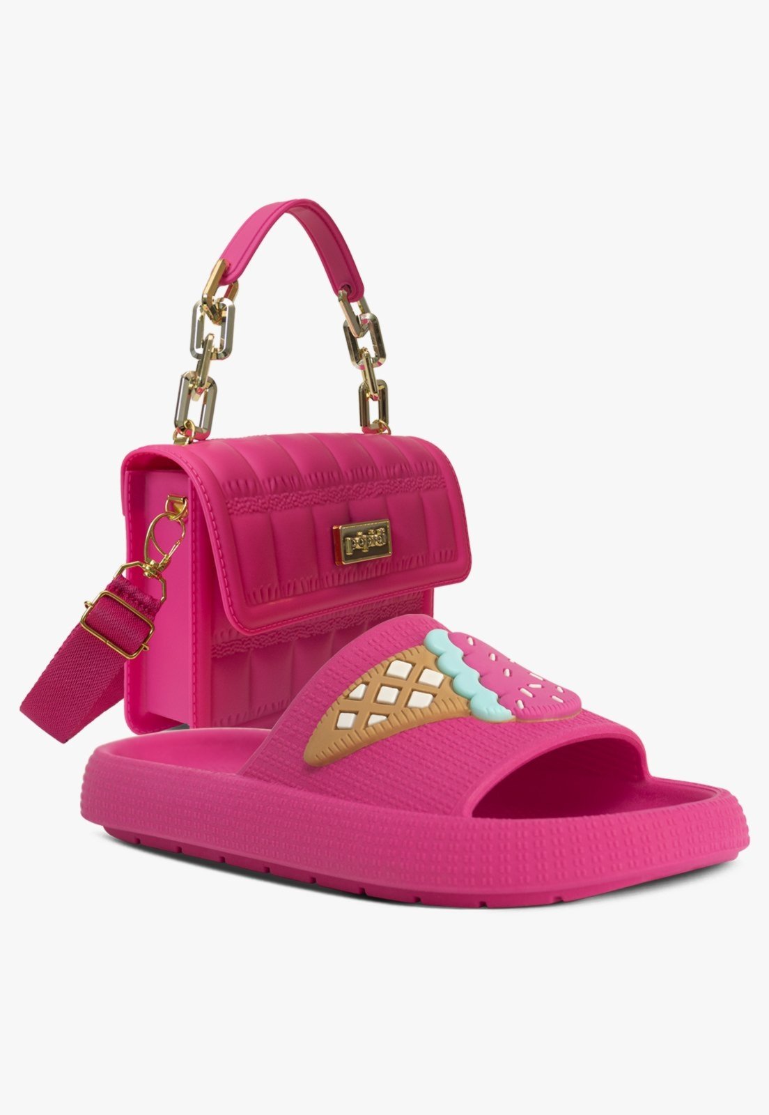 Vista 2 Infantil - Kit Bolsa e Chinelo Slide Sandália Juvenil Menina Pópidi pink Pópidí pink