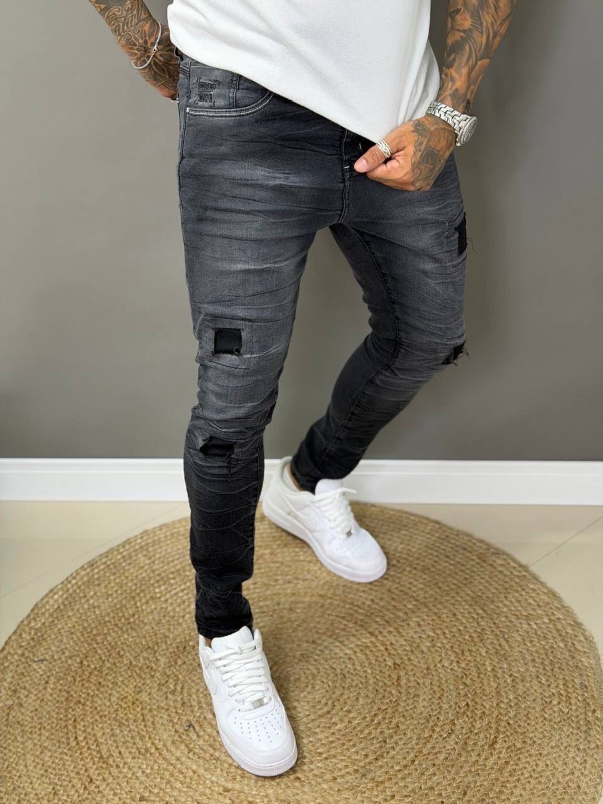 Calça Jeans Qr Code Jeans Jogador Masculina Básica Casual Preto