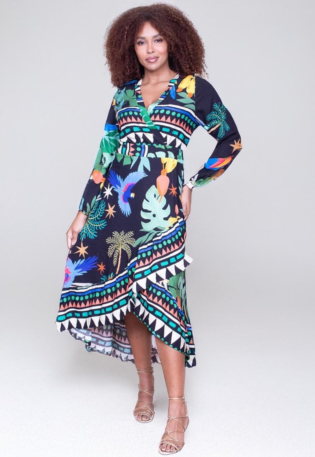 Vestido Cabanafree Longo Manga Longa Estampado Preto