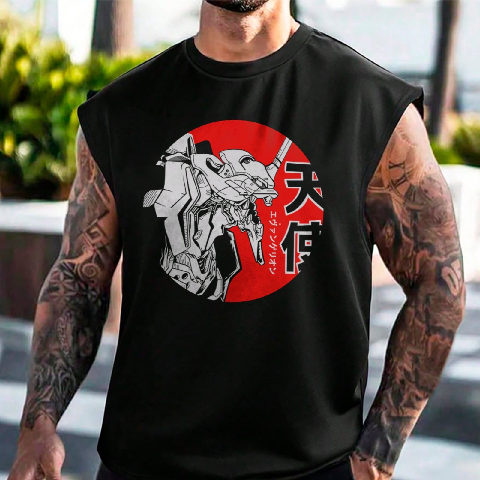 Camiseta Regata Machão Mecha Japonês Minimal Anime Evangelion Masculina Preto