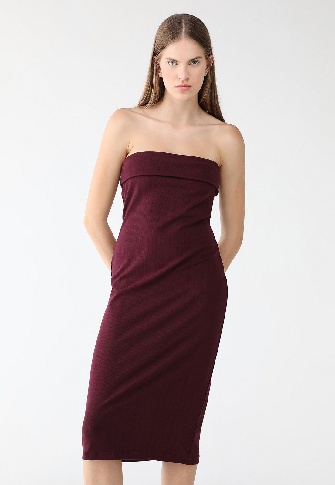 Vestido Canelado Forum Midi Dobra Bordô