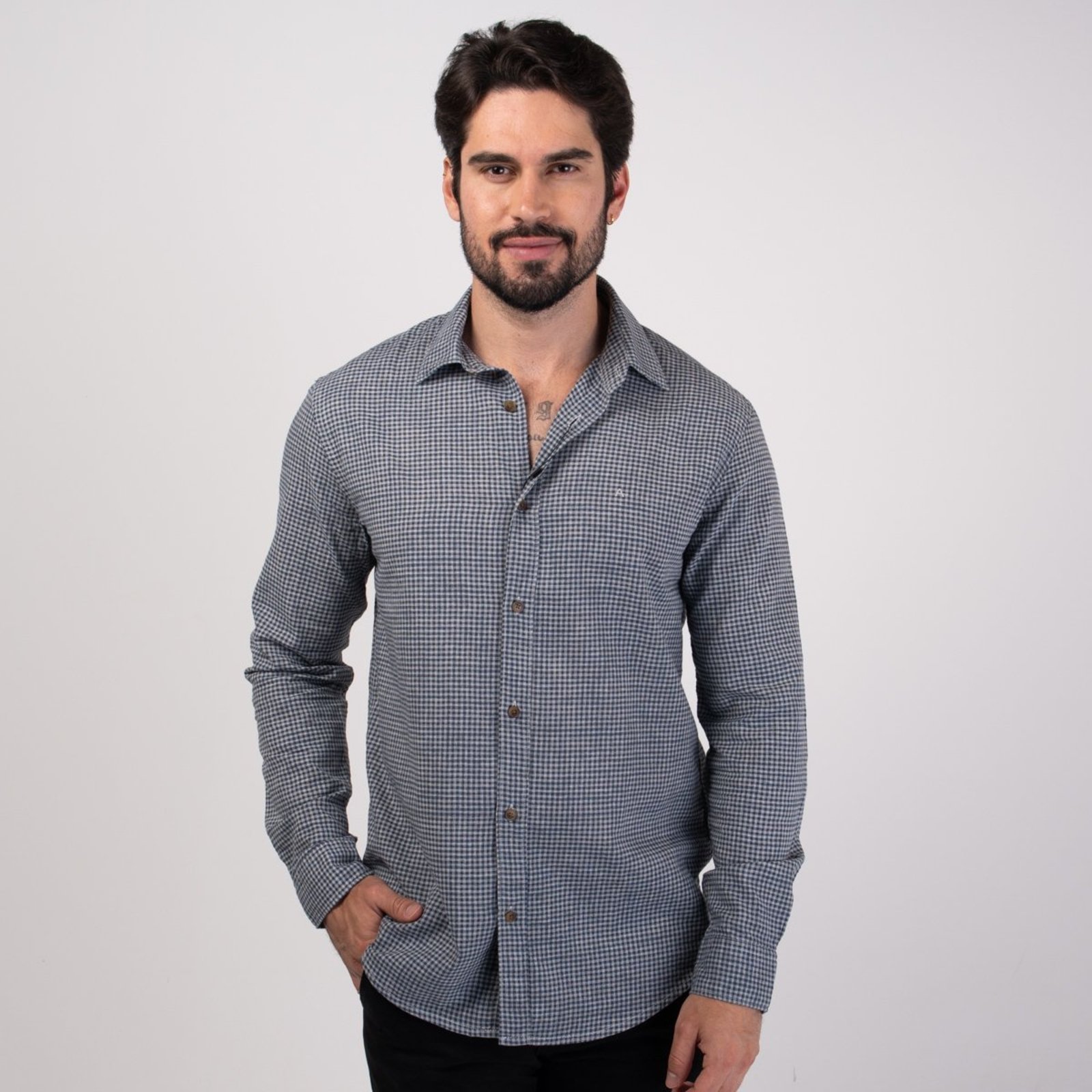 Camisa Aramis Micro Xadrez Marinho e Cinza