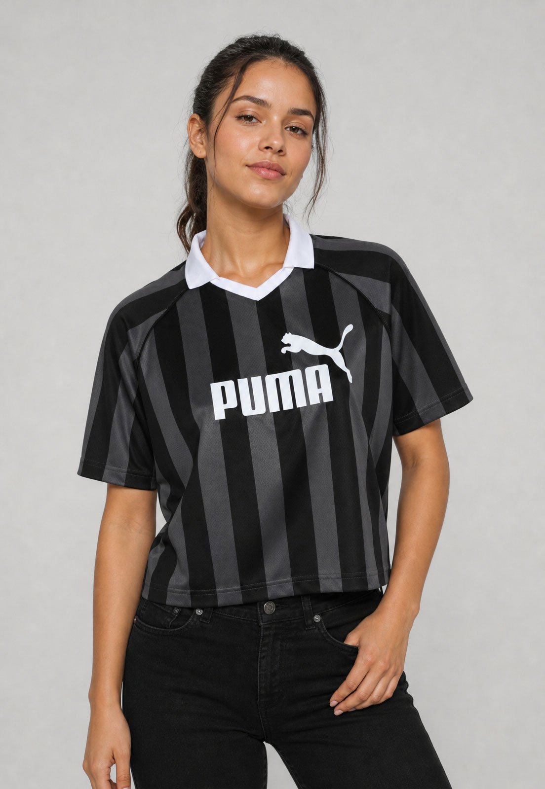 Camiseta Feminina Puma Cropped Ess Jersey Listrada Preta