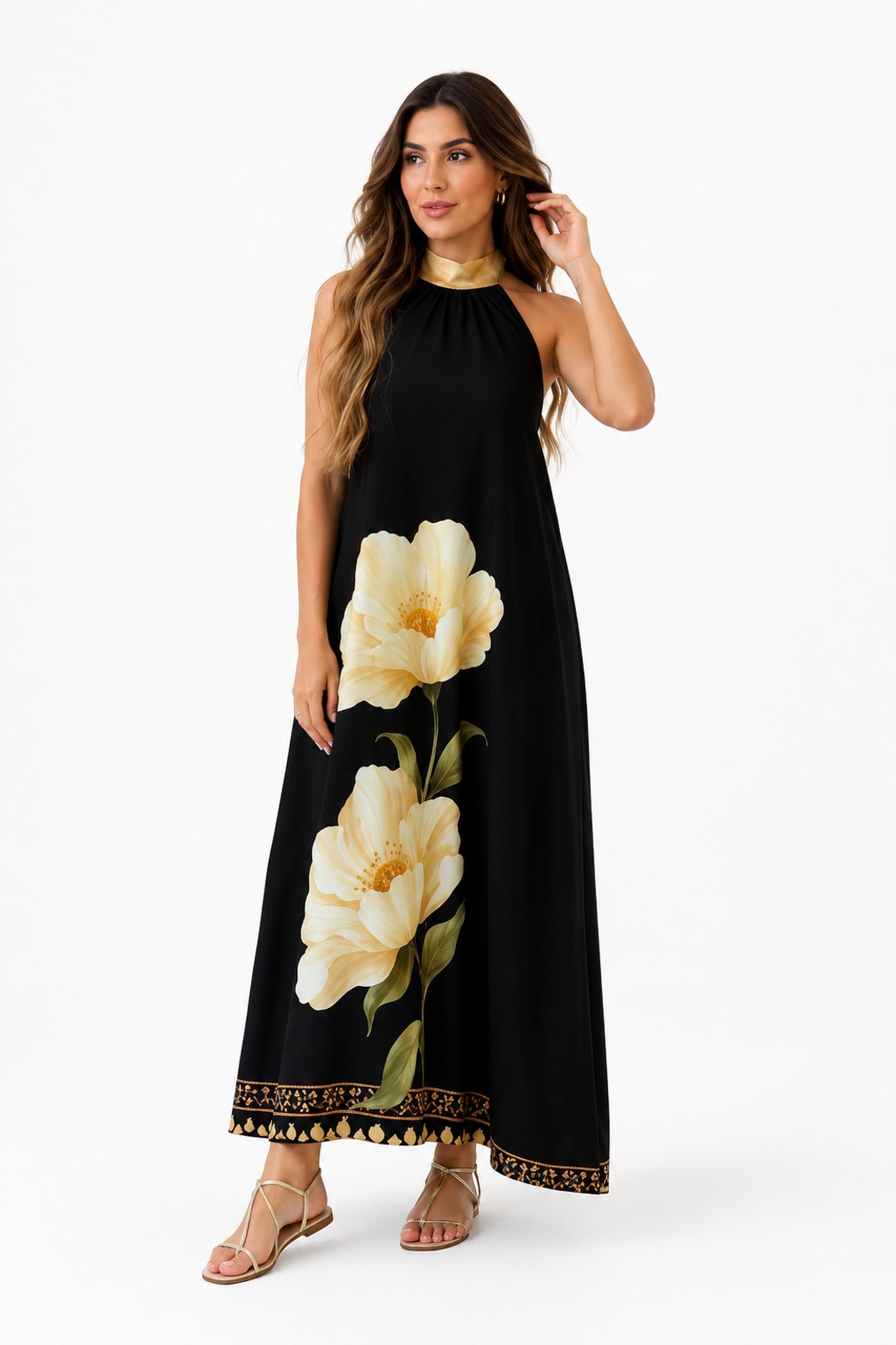 Vestido Frente Única Longo D Bell Outlet Fashion Estampa Floral Preto