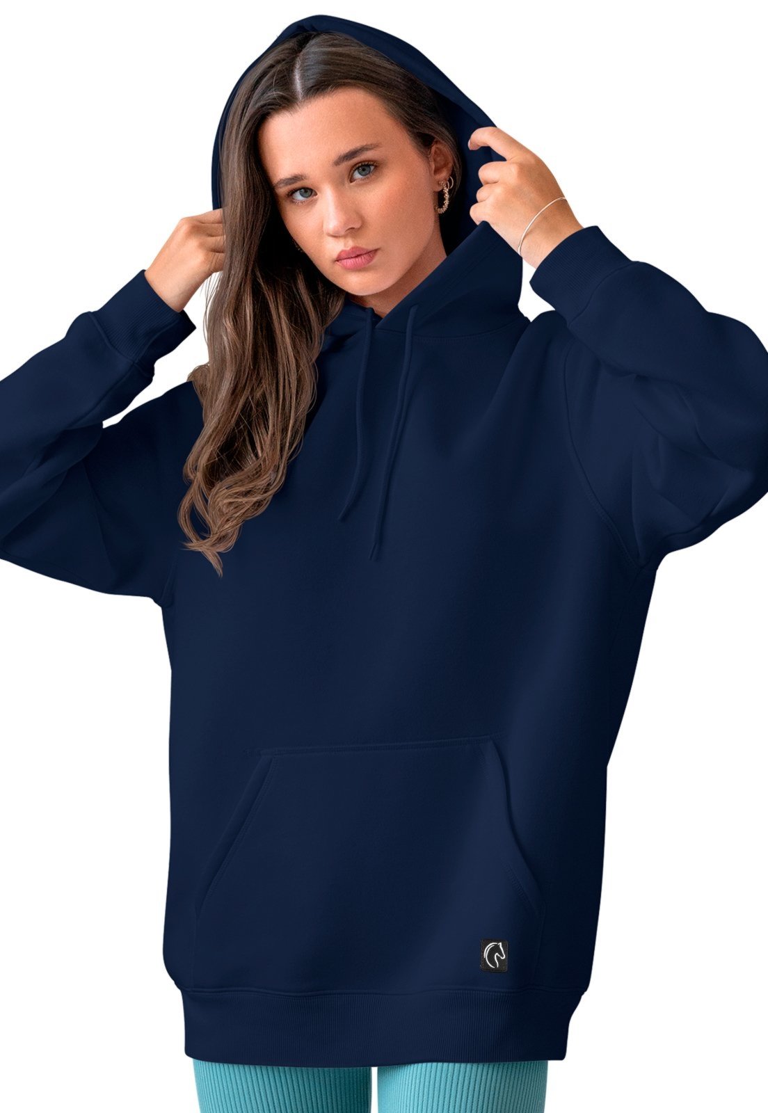 Blusa De Frio Feminina W2 Moletom Liso Com Capuz e Bolso Canguru Felpado Azul Marinho