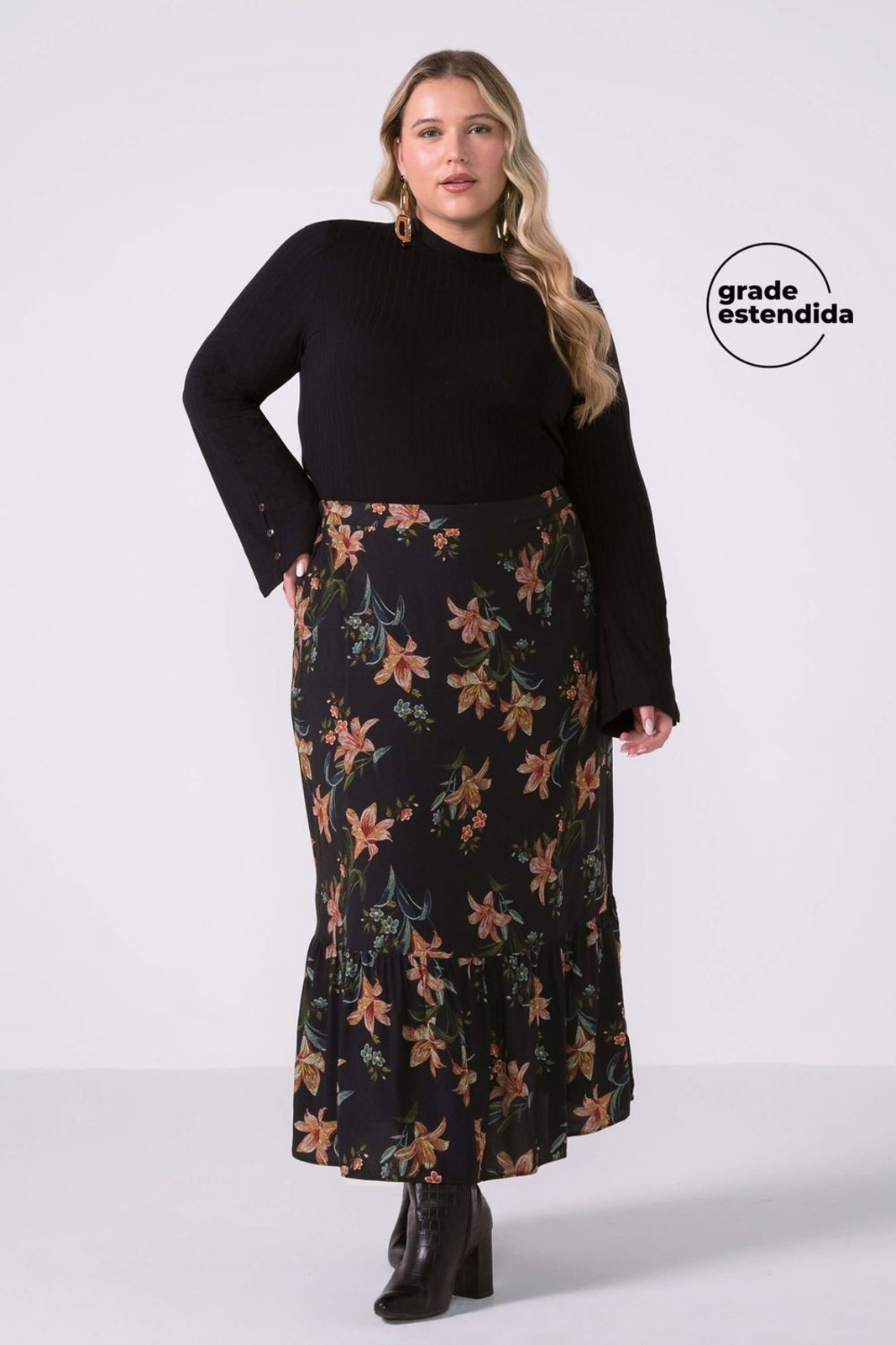 Saia Feminina Midi Babado Floral Marialícia Preto