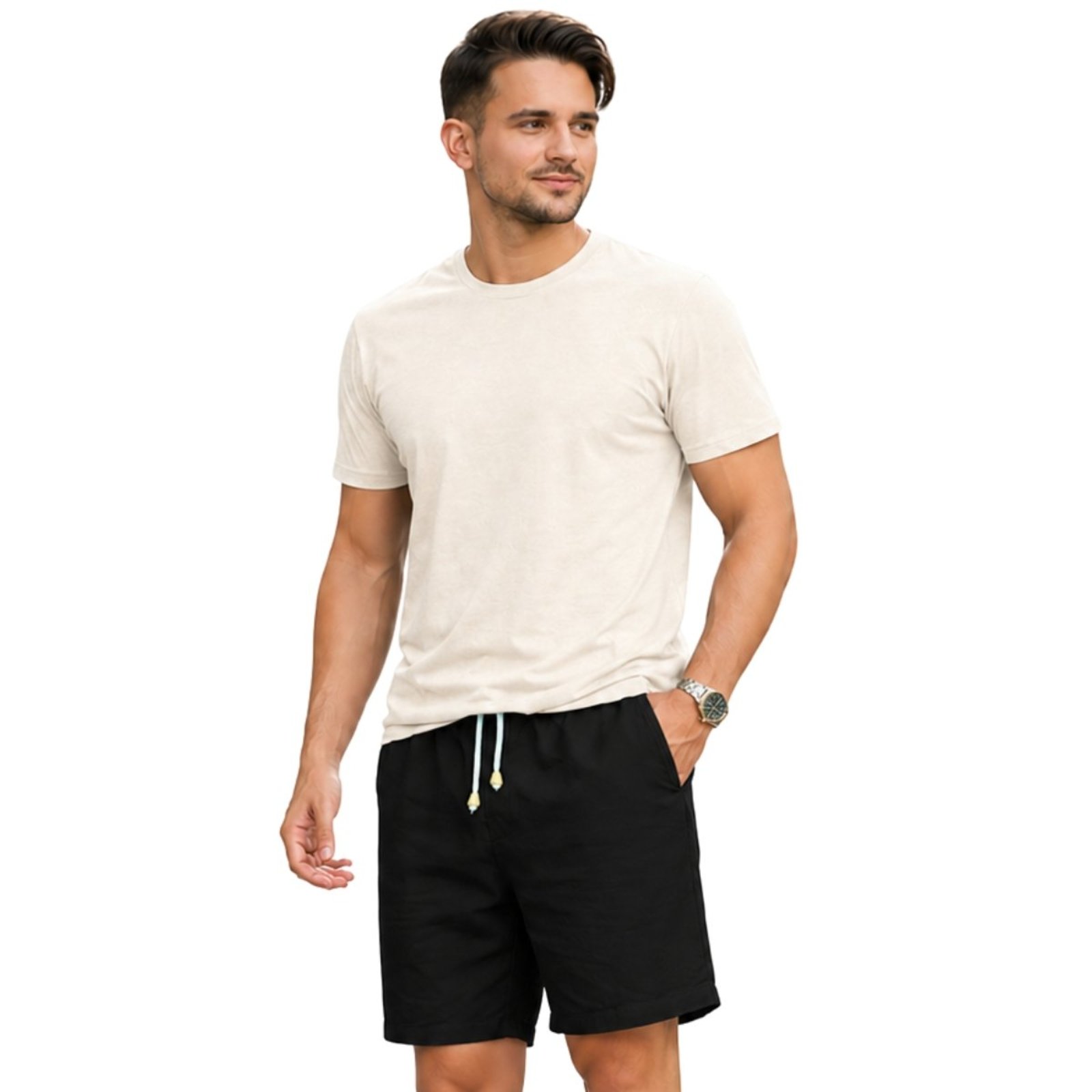 Conjunto Short Masculino Bermuda Linho Premium + Camiseta Basica Moda Sofisticada