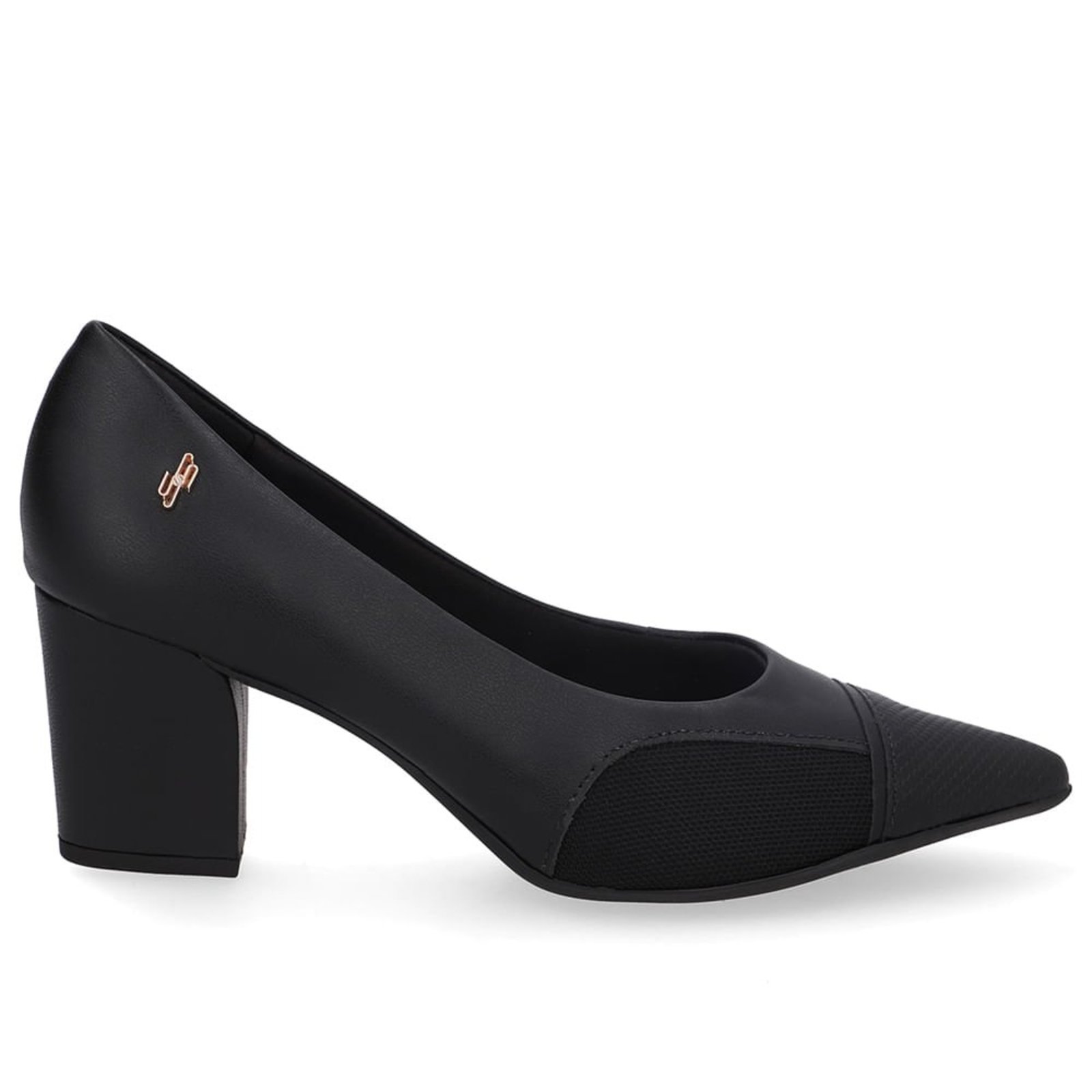 Scarpin Couro Preto Lateral Tecido