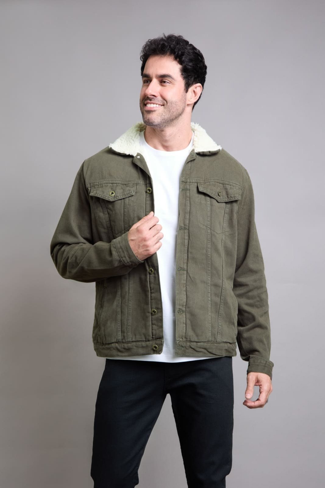 Jaqueta Trucker Masculina em Sarja Color com Forro Verde