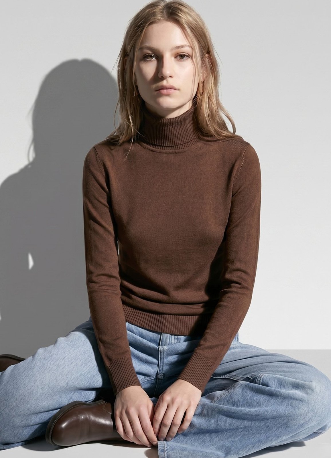 Blusa de Tricot Marrom Café Gola Alta Manga Longa Justa Sob