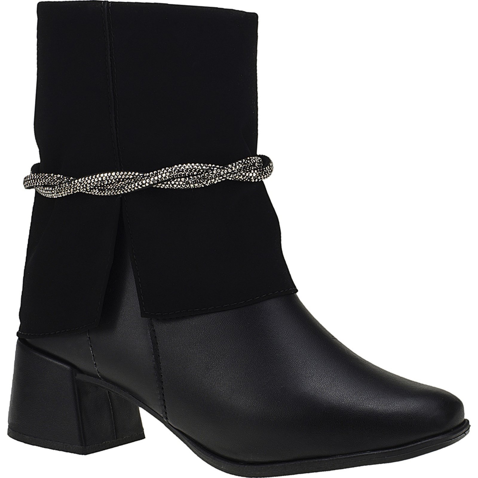 Bota Salto Feminina Bico Quadrado Cano Médio Shekinah Detalhe Strass Ziper Lateral Gola Virada Capa Preto