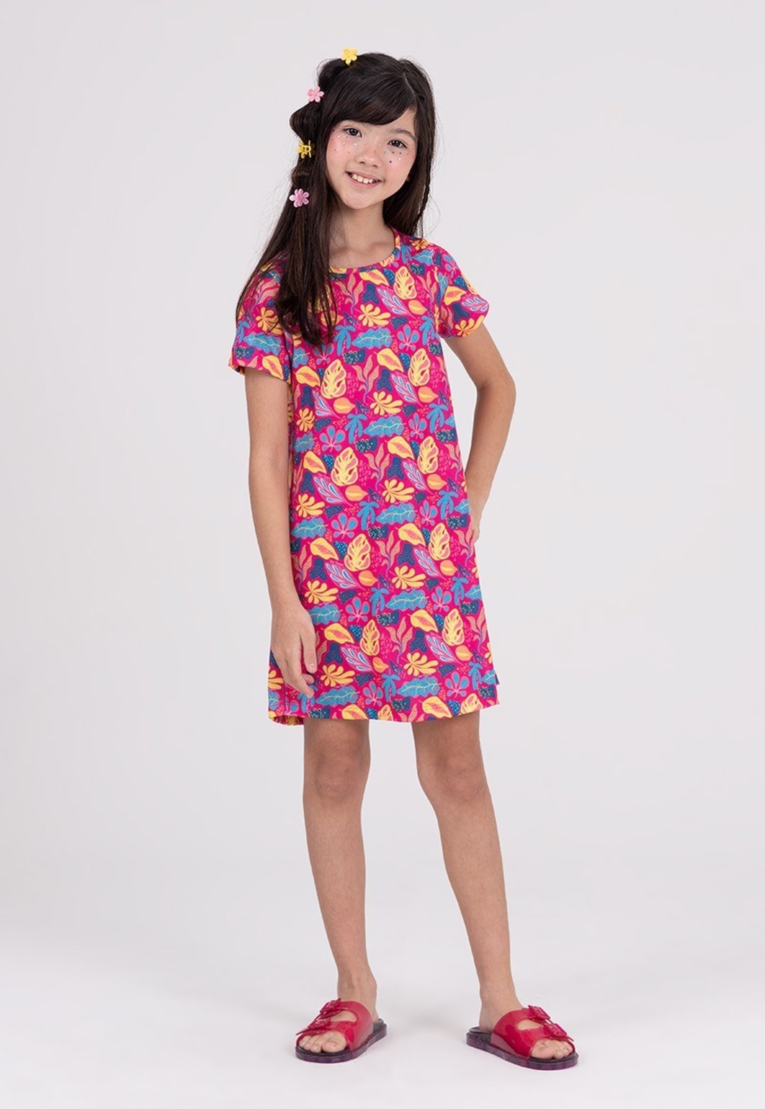 Infantil – Vestido Sublimado Folhagens Rosa