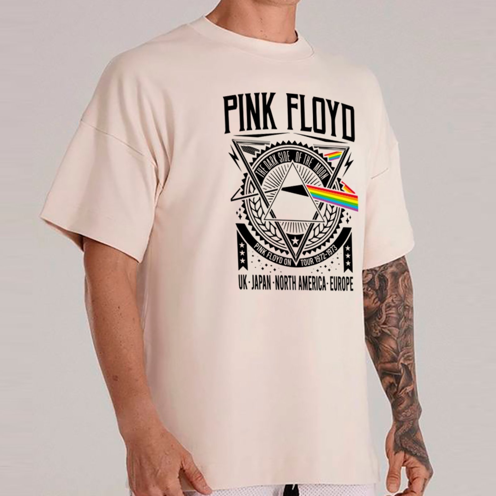 Camiseta Ousy Oversized Pink Floyd Dark Side Tour Art Moda Urbana Unissex Off White