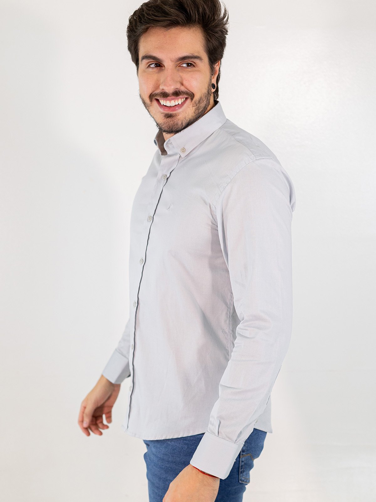 Camisa Social Masculina Cinza Manga Longa Anticorpus