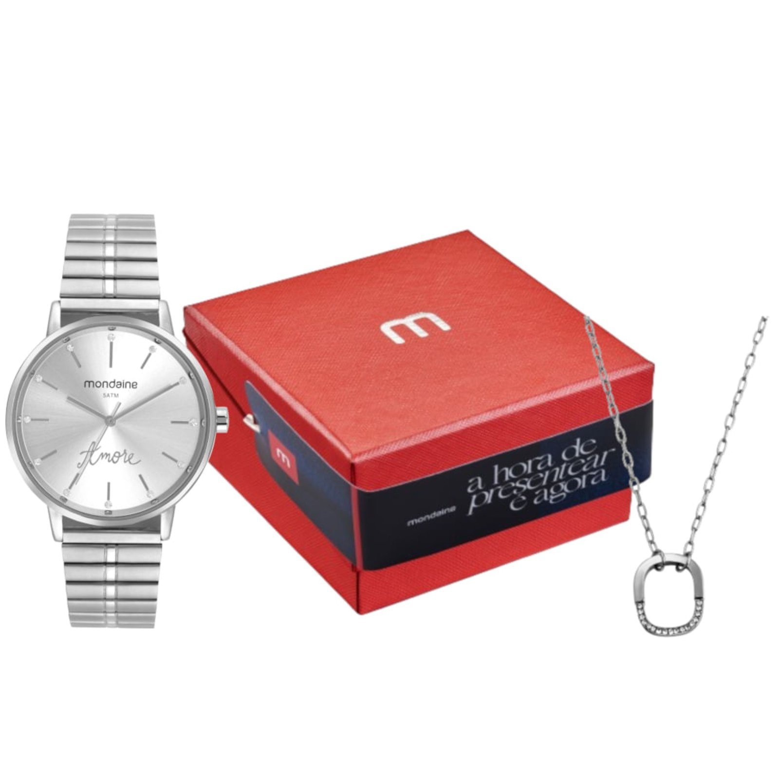 Kit Relógio Feminino Cristais Prata Com Colar Mondaine