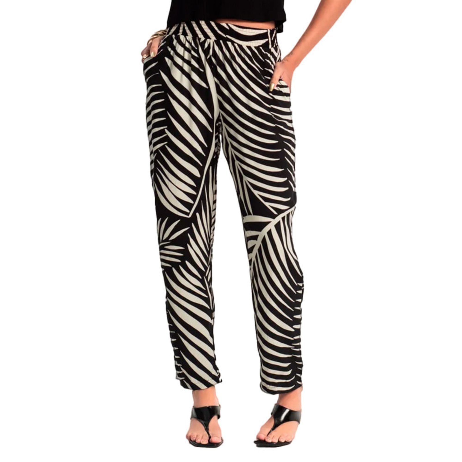 Calça Feminina Rovitex Reta Estampada Preto/Branco