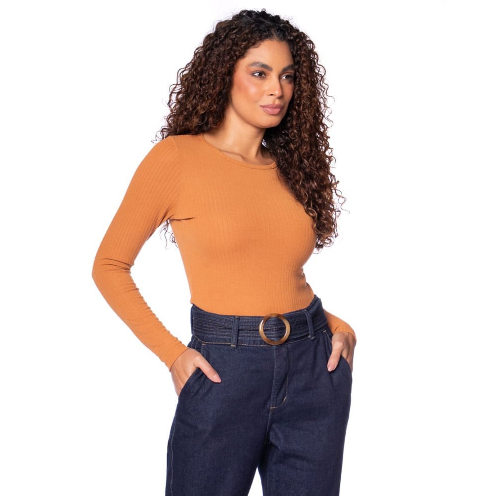 Blusa Feminina Rechsul Básica Canelada Manga Longa Caramelo