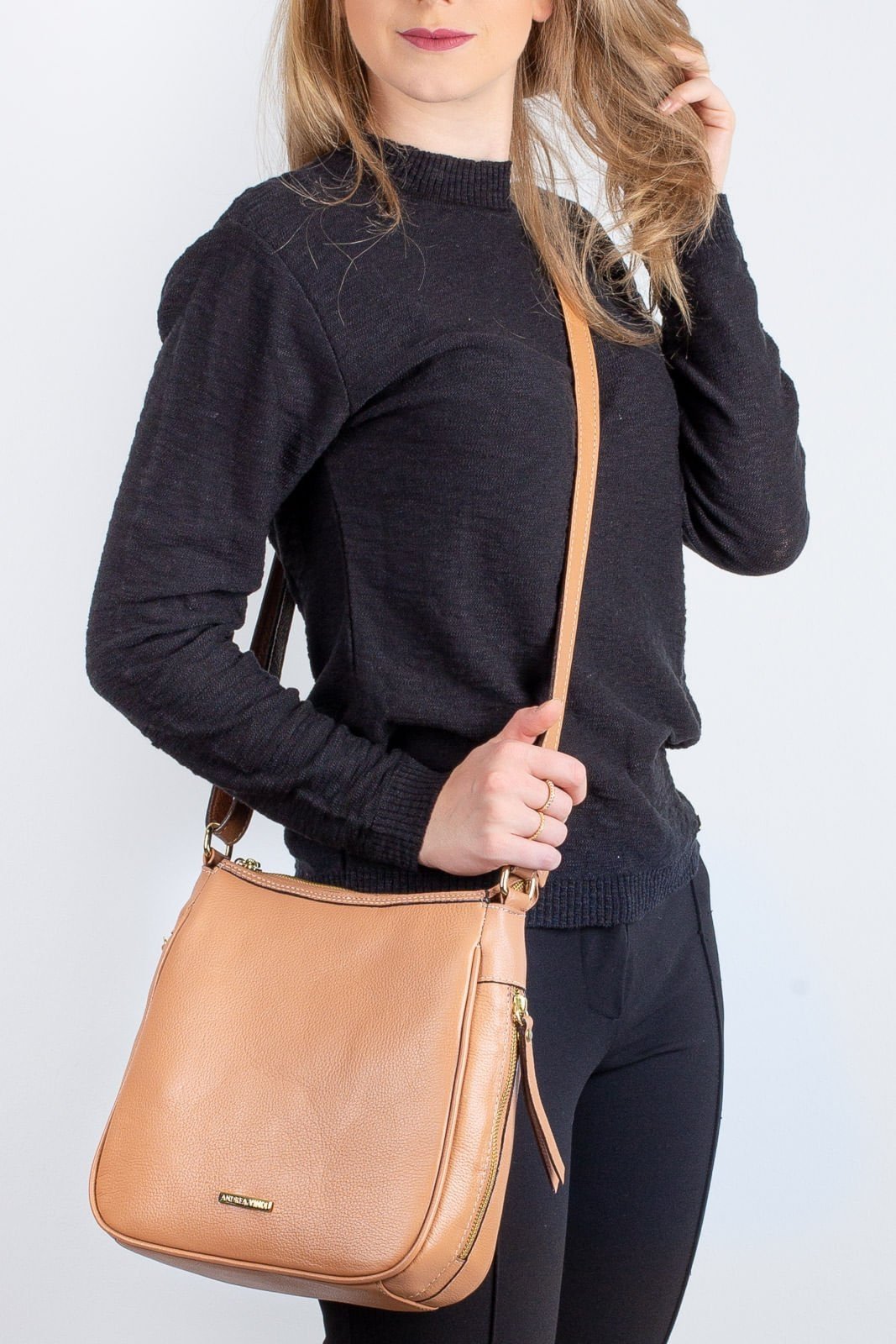 Bolsa tiracolo de couro liso Camila - Bege