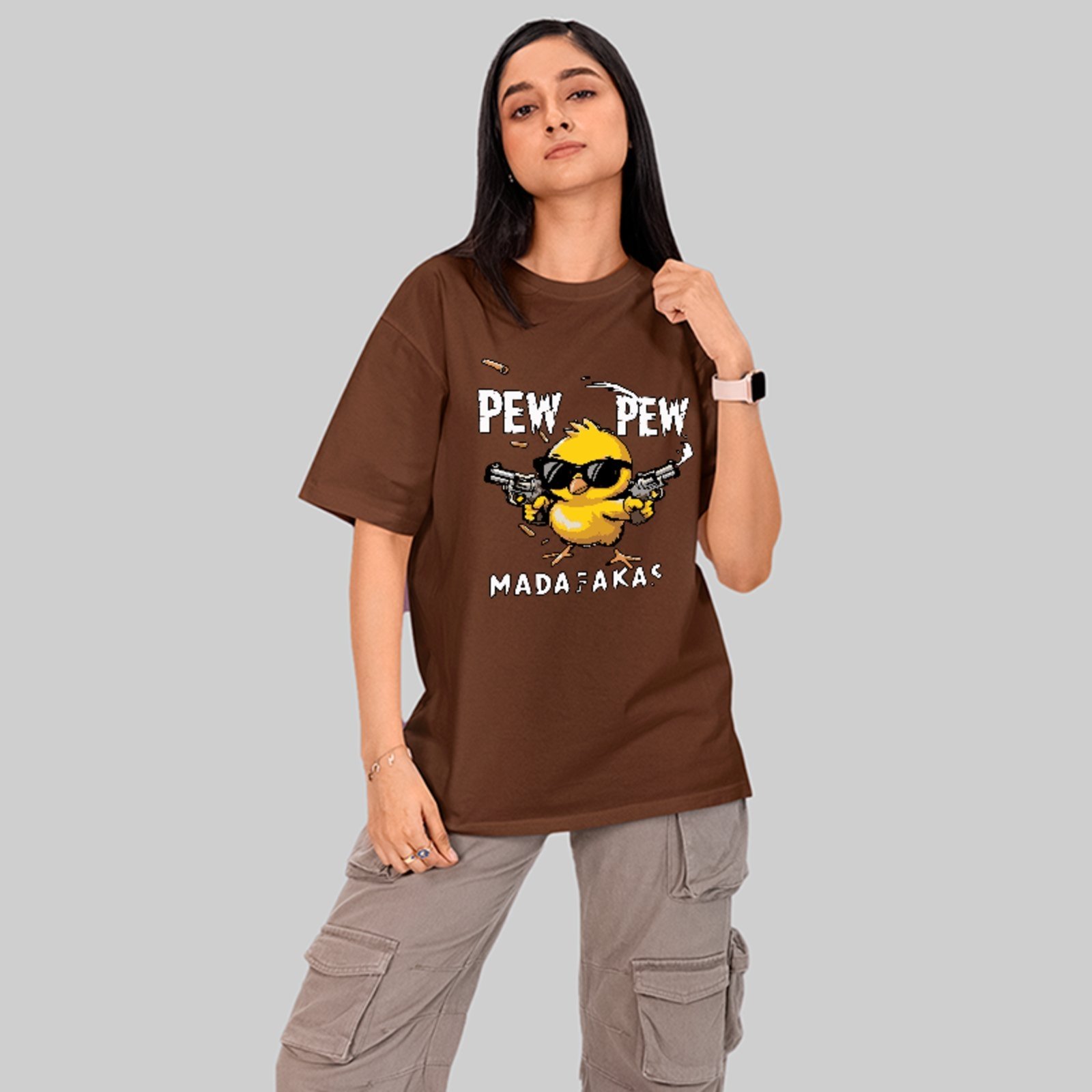 Camiseta Oversized Premium Chick Pew Pew Funny Madafaka Unissex Marrom