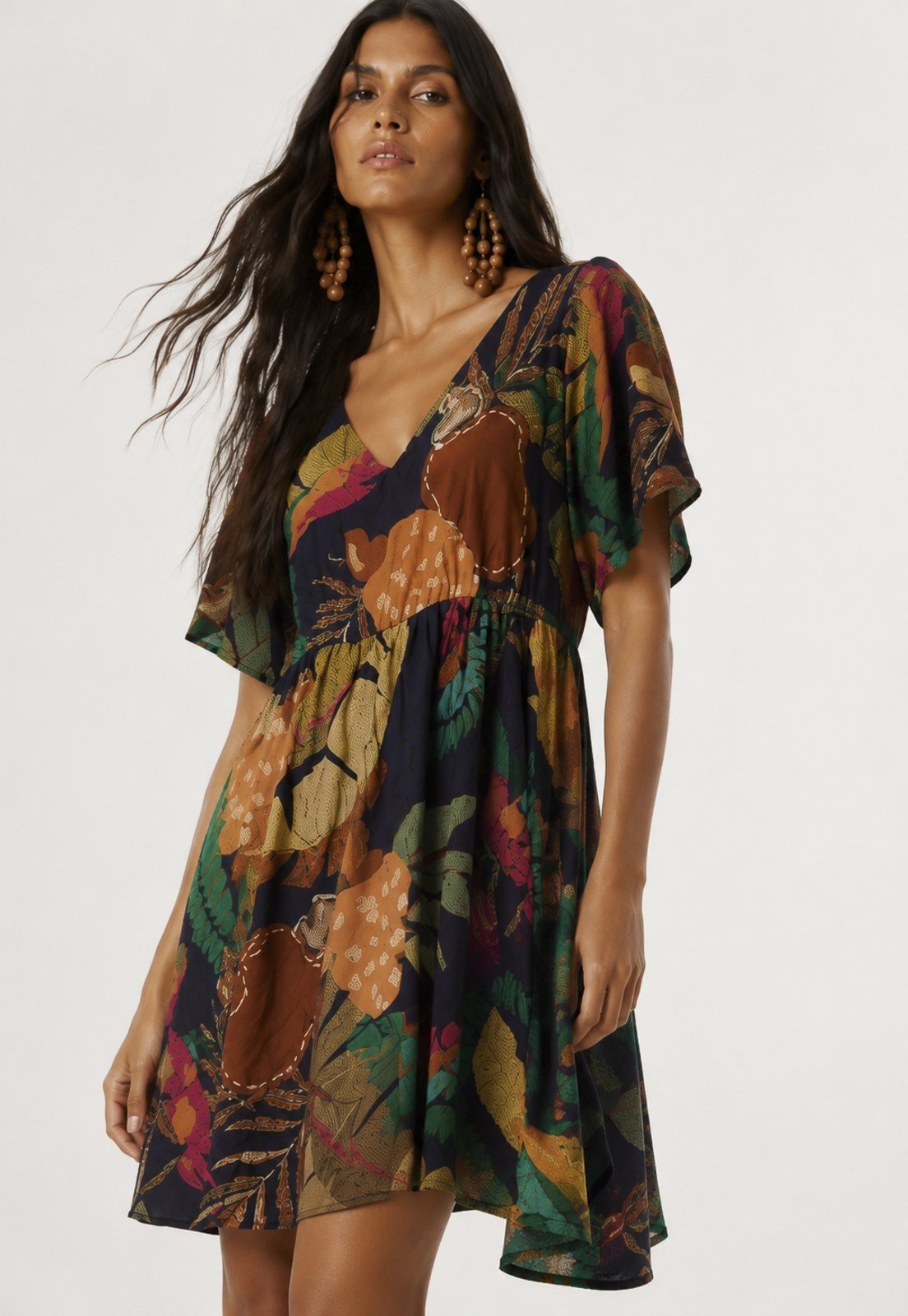 Vestido Amazonia Vital Curto Arumã Rodado Estampa Caju da Mata