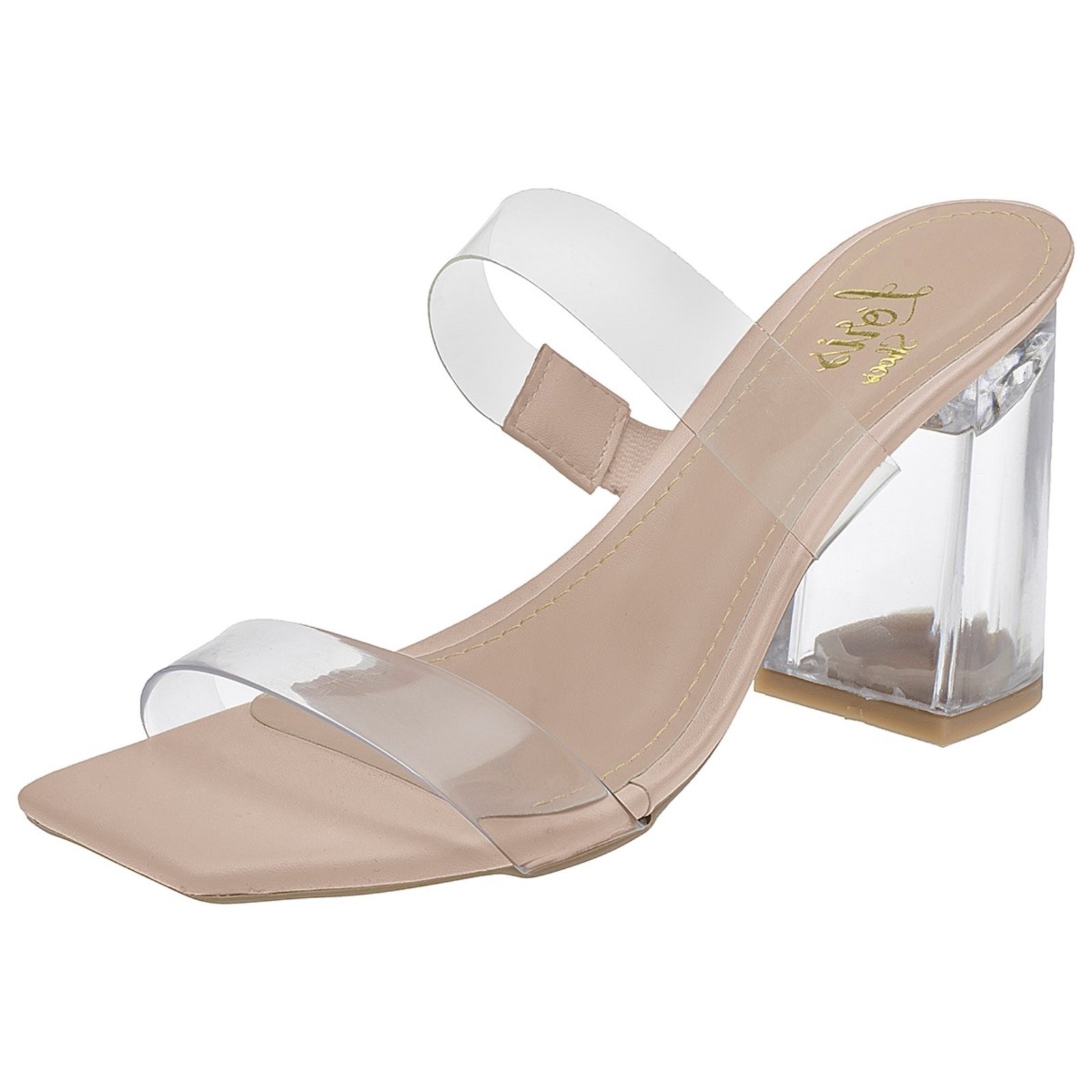 Tamanco Lóris Shoes Sandalia Feminina Vinil Transparente Salto Bloco Cristal Acrilico Moda Nude