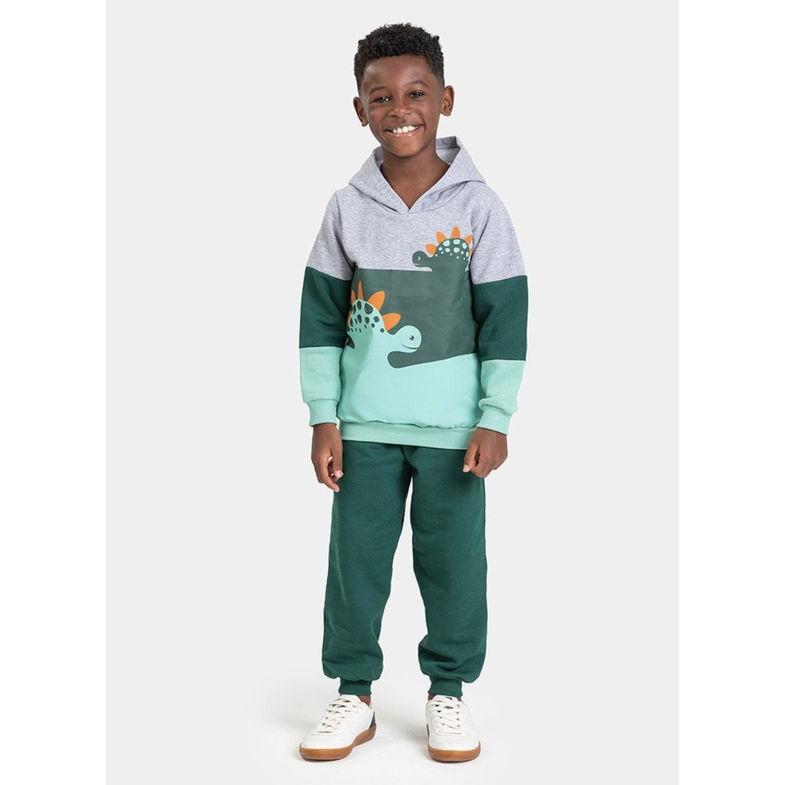 Infantil - Conjunto Inverno Menino Mescla Blusão com Capuz e Calça em Moletom Dinossauros Coloridos