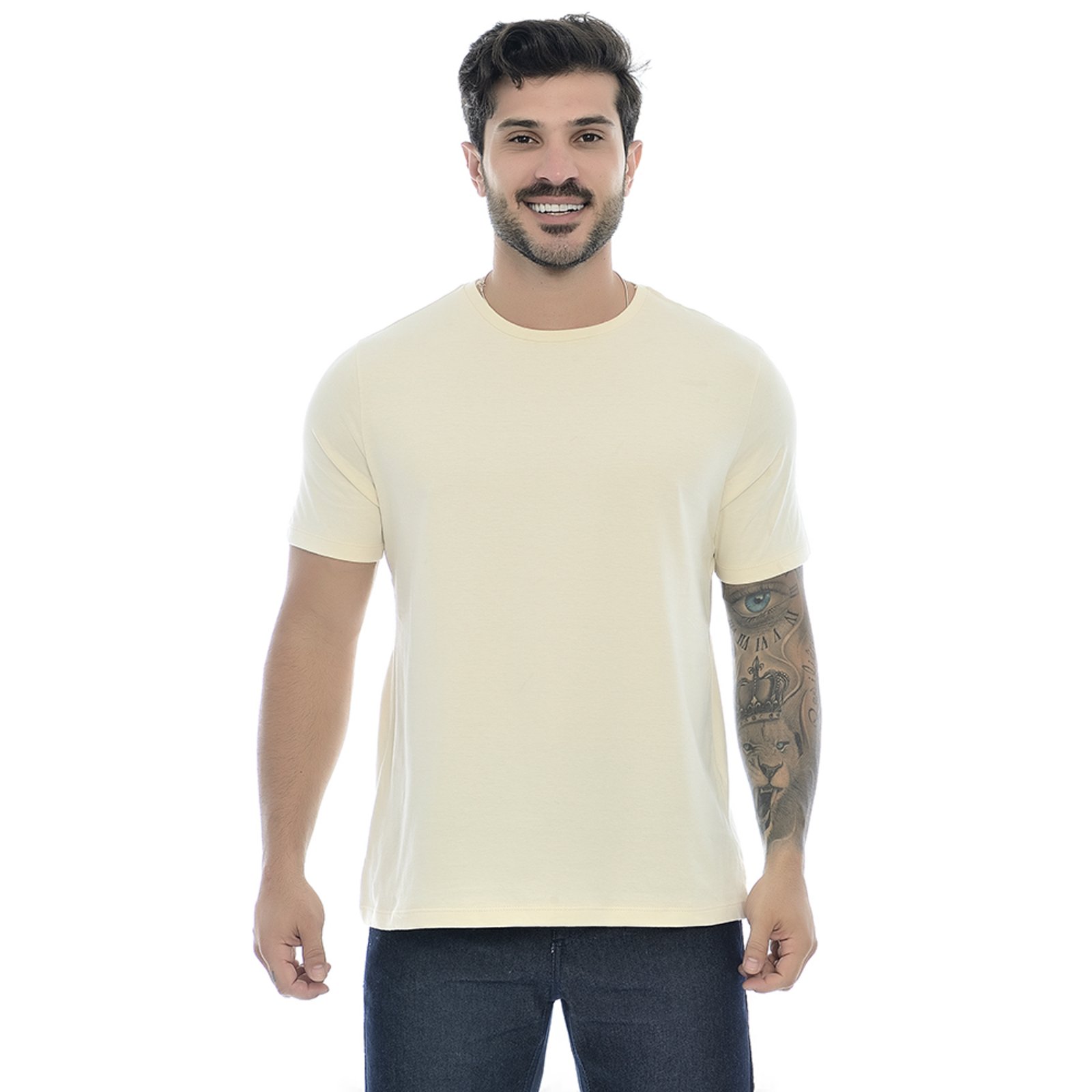 Camiseta Masculina Básica Manga Curta Gola Redonda Areia Empório Alex