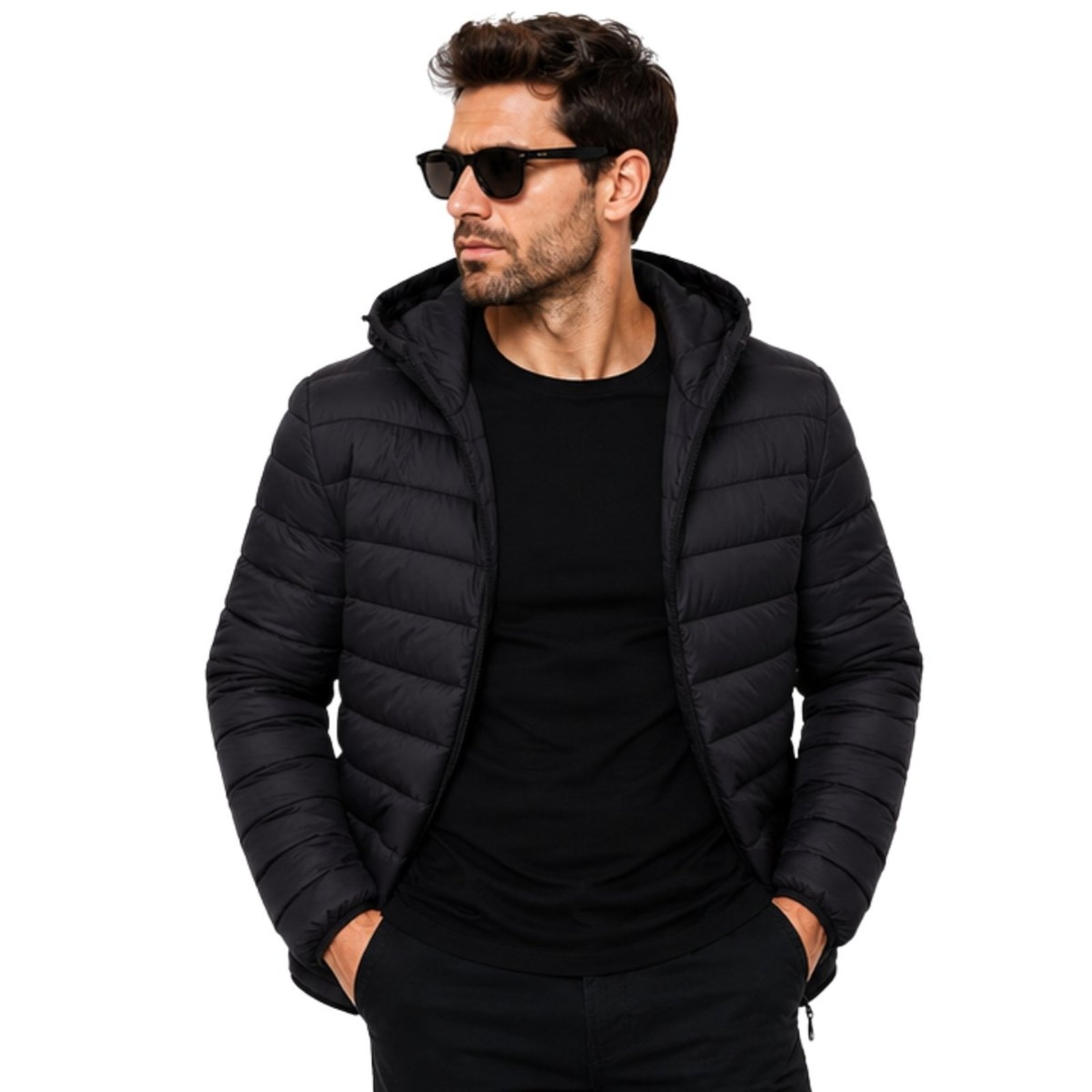 Jaqueta Puffer Masculina Capuz Inverno Impermeável Preta Preto