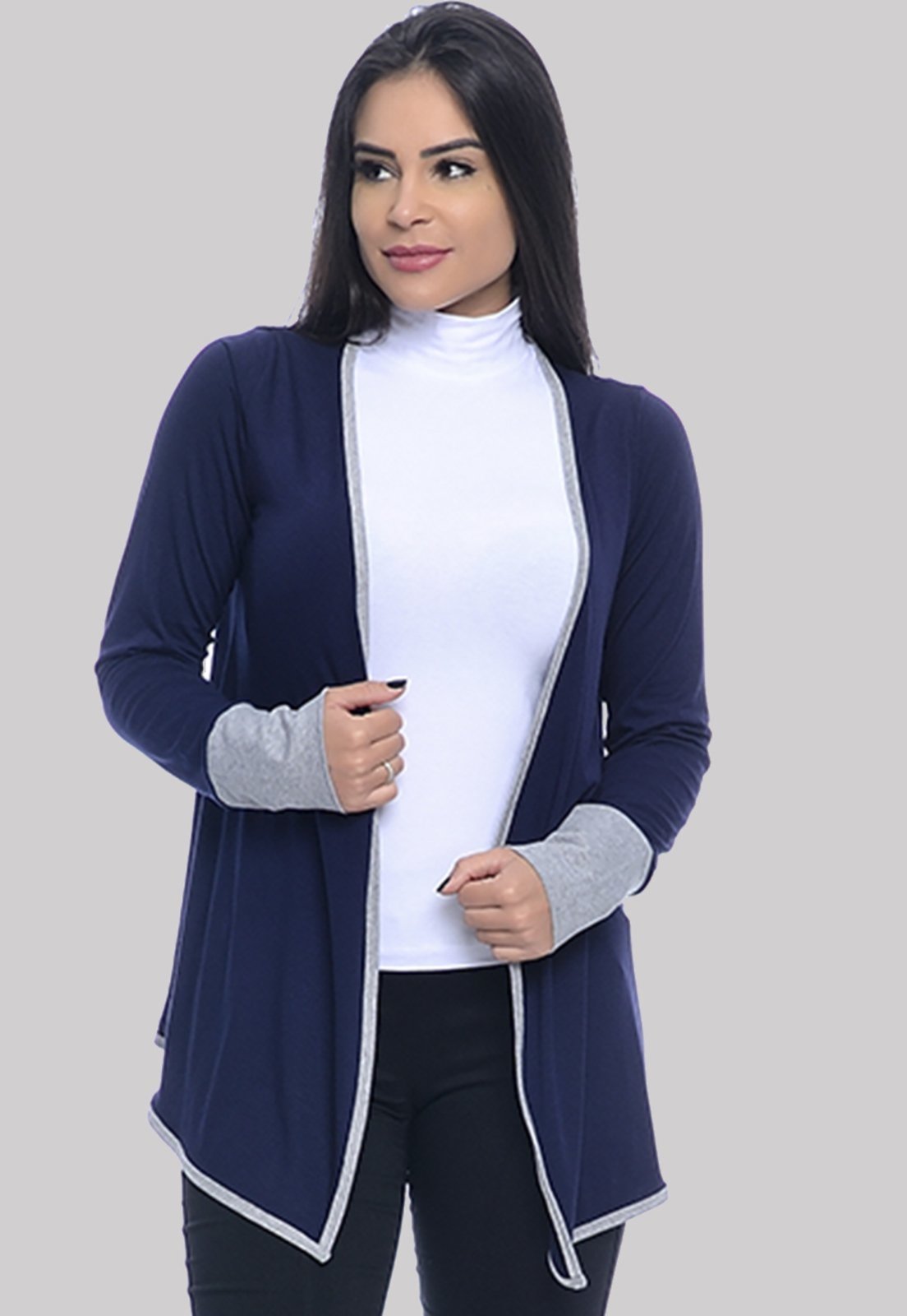 Vista 3 Cardigan Feminino M/L B’Bonnie Melinda Marinho B'Bonnie azul/cinza B'Bonnie azul/cinza
