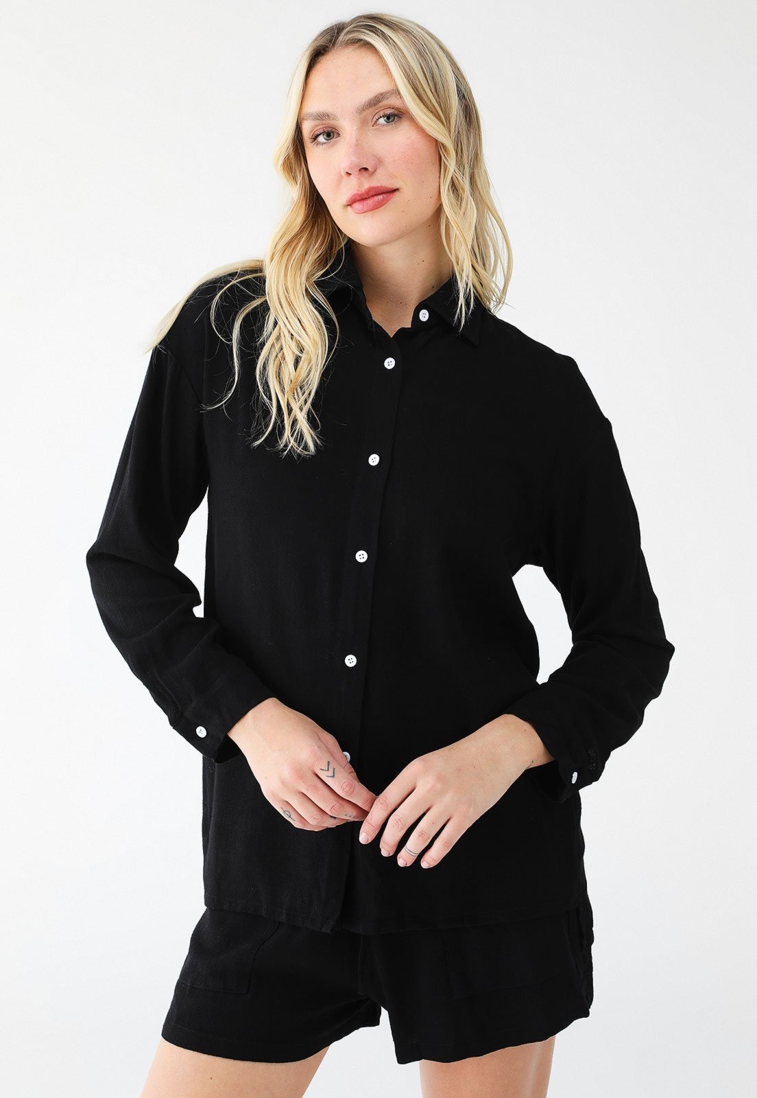 Conjunto De Linho Levosch Camisa e Shorts Preto