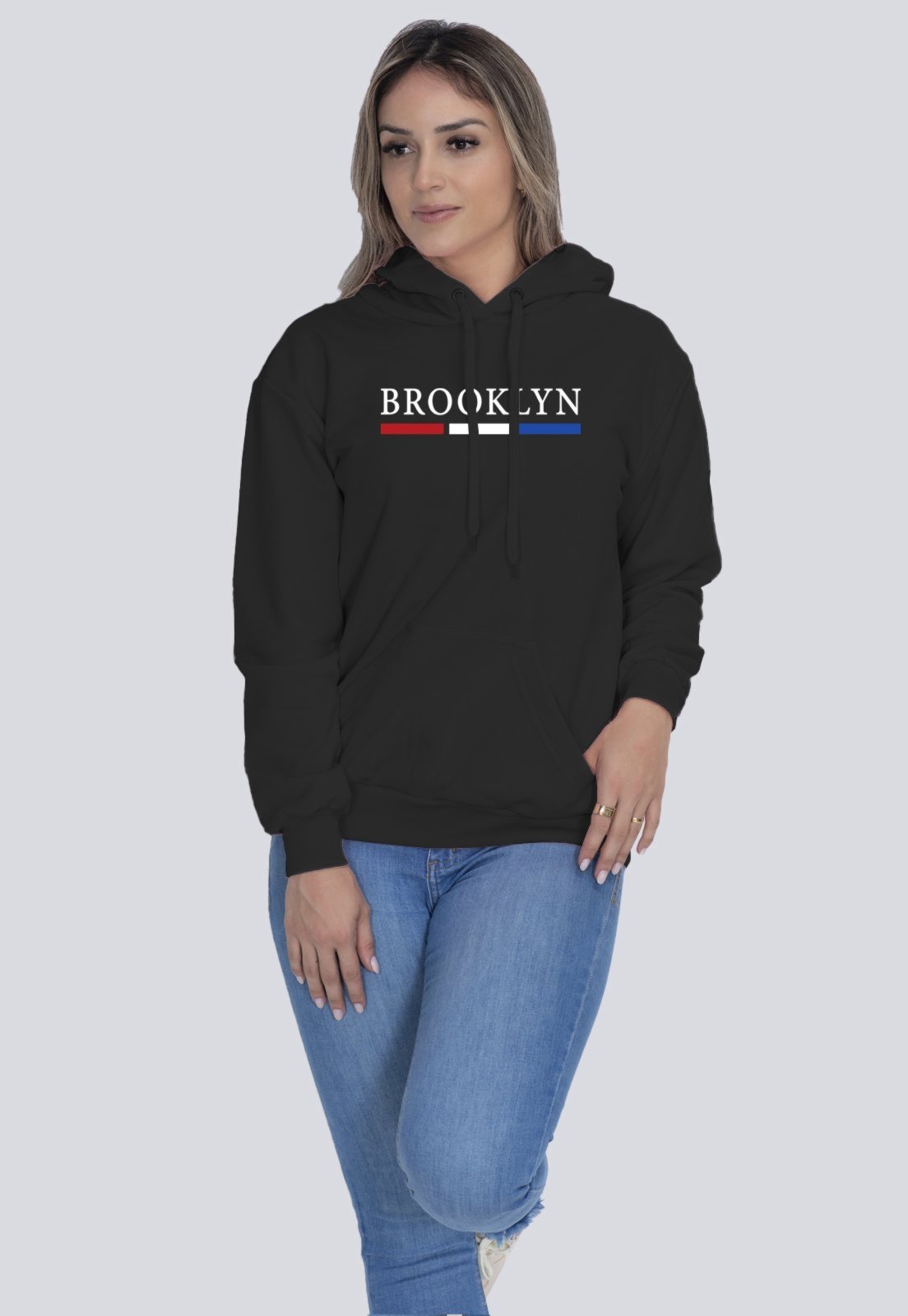 Vista 3 Moletom Feminino Flanelado Blusa de Frio Canguru Brooklyn Lucas Lunny preto Lucas Lunny preto