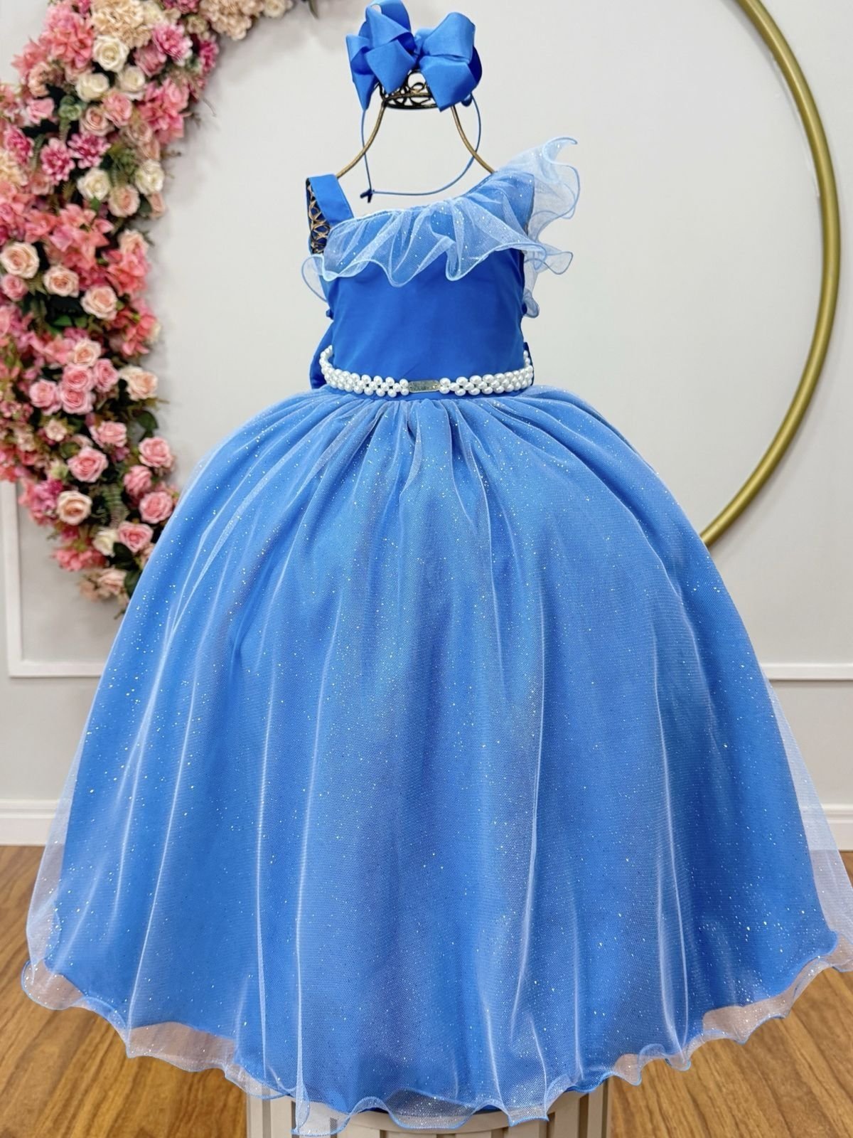 Infantil - Vestido Longo Social Azul Capri Festa Formatura Casamento Pérolas Dama Daminha Menina Juvenil Princesa Rodado Florista Aniversário Luxo