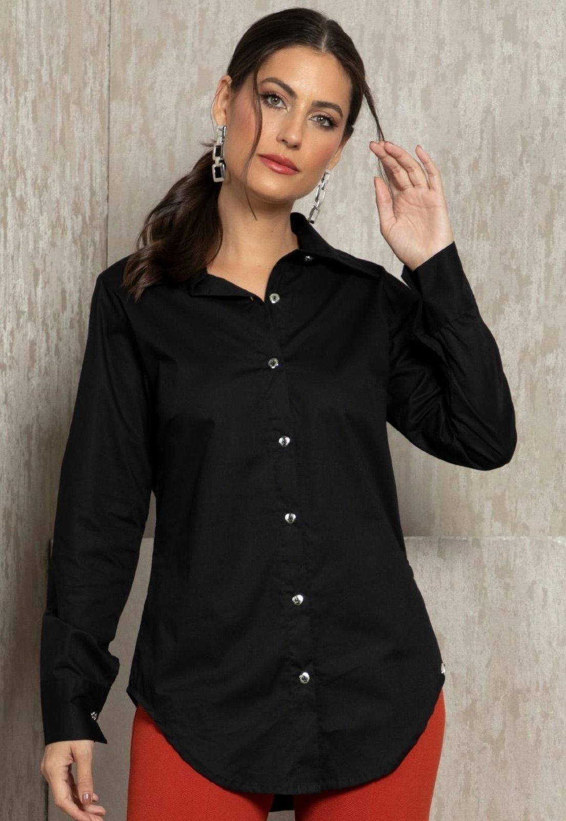 Camisa De Botão Alongada Preto Quintess