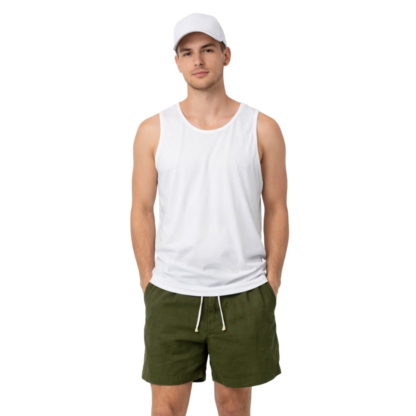 Conjunto Regata Short Linho e Boné 6 Painéis Premium Masculino Moda Praia Luxo