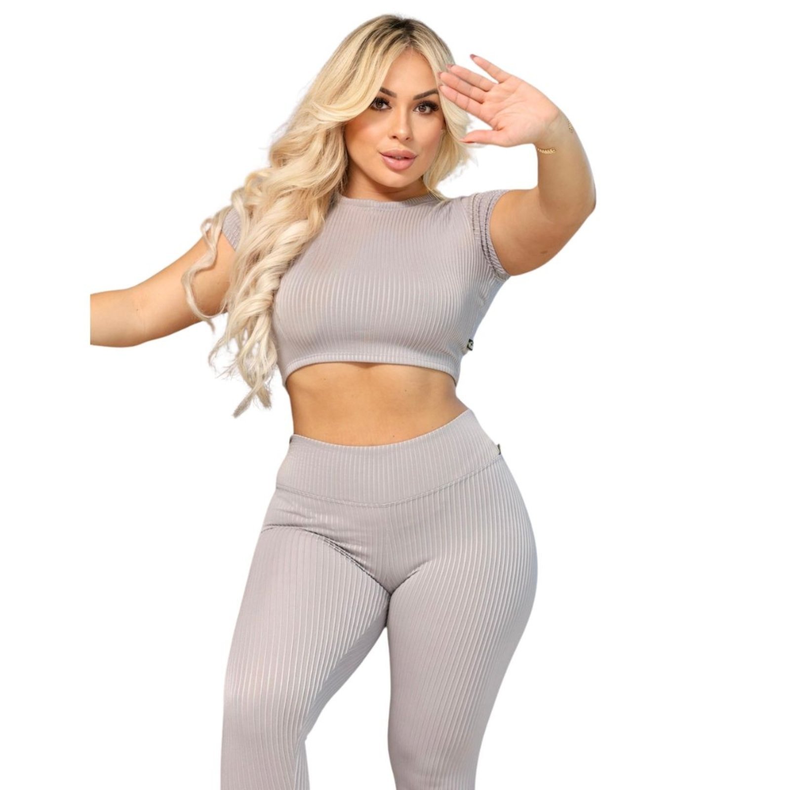 Conjunto Legging e Cropd Vih Triny Manguinha Canelado Poliéster Moda Fitness Academia Cinza Preto