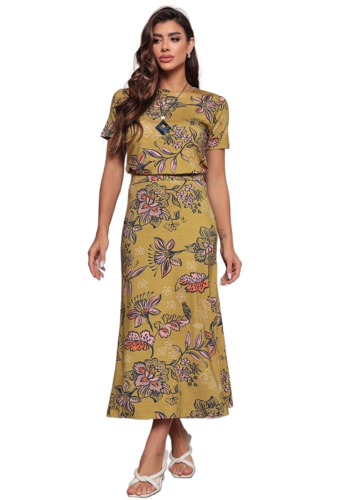 Conjunto Dellamarca Saia e Blusa Estampada Floral Ocre